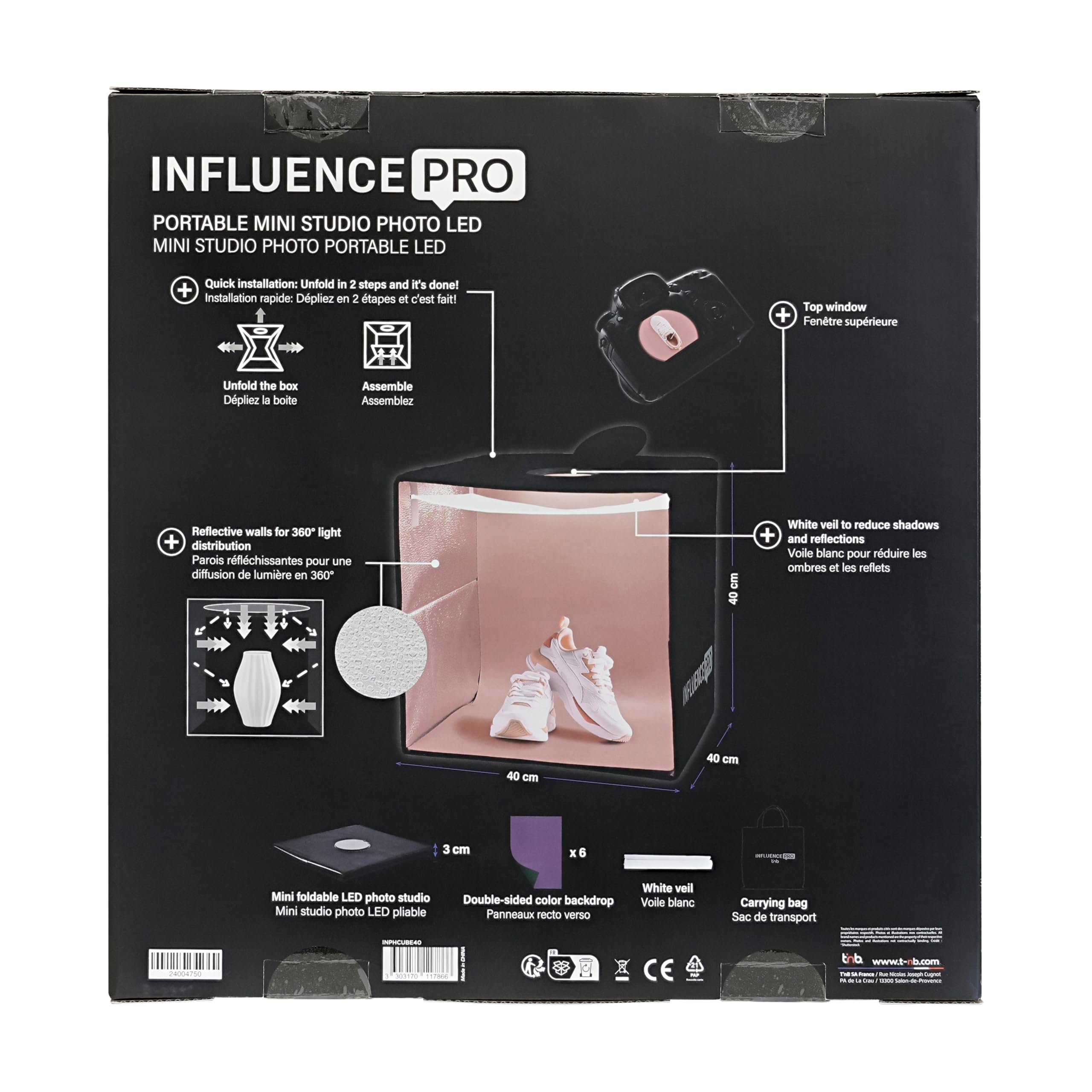 T'nB - Studio Photo Portable 40x40x40cm, idéal pour réaliser Vos Produits de qualité Professionnelle à Domicile ou pour déplacement, 12 Fonds, 10 Niveaux de luminosité - Noir