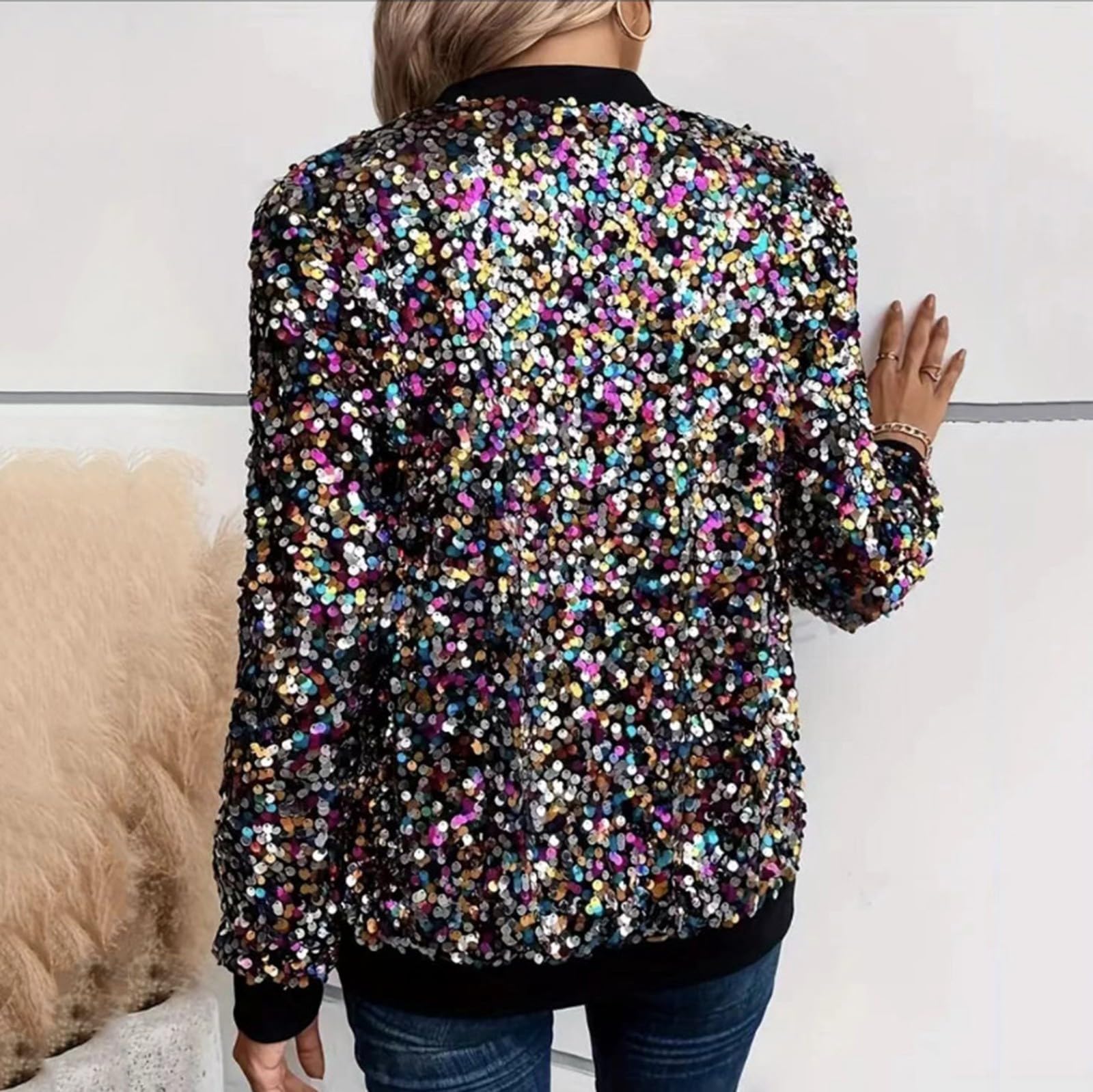 Pailletten Jacke Damen mit Reißverschluss Glitzer Bomberjacke Bolero Elegant Jacken Festliche Disco Kostüm Langarm Casual Pailettenjacke Slim Fit Winter Streetwear Top Glitzertop für Rave Party
