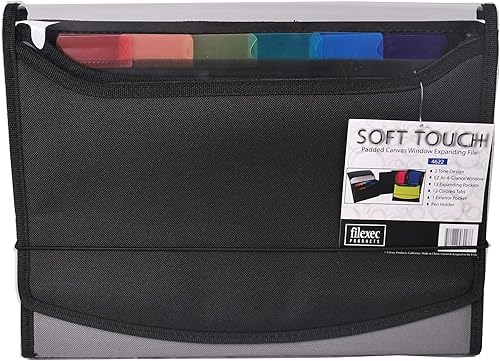 Filexec Soft Touch - Archivo expandible de lona acolchada para ventana, 13 bolsillos, negro (46227-8), carta, 1 paquete