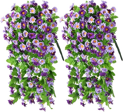 Paquete de 2 flores colgantes artificiales, plantas colgantes falsas, ramo de margaritas multicolor para pared, hogar, habitación, jardín, boda,