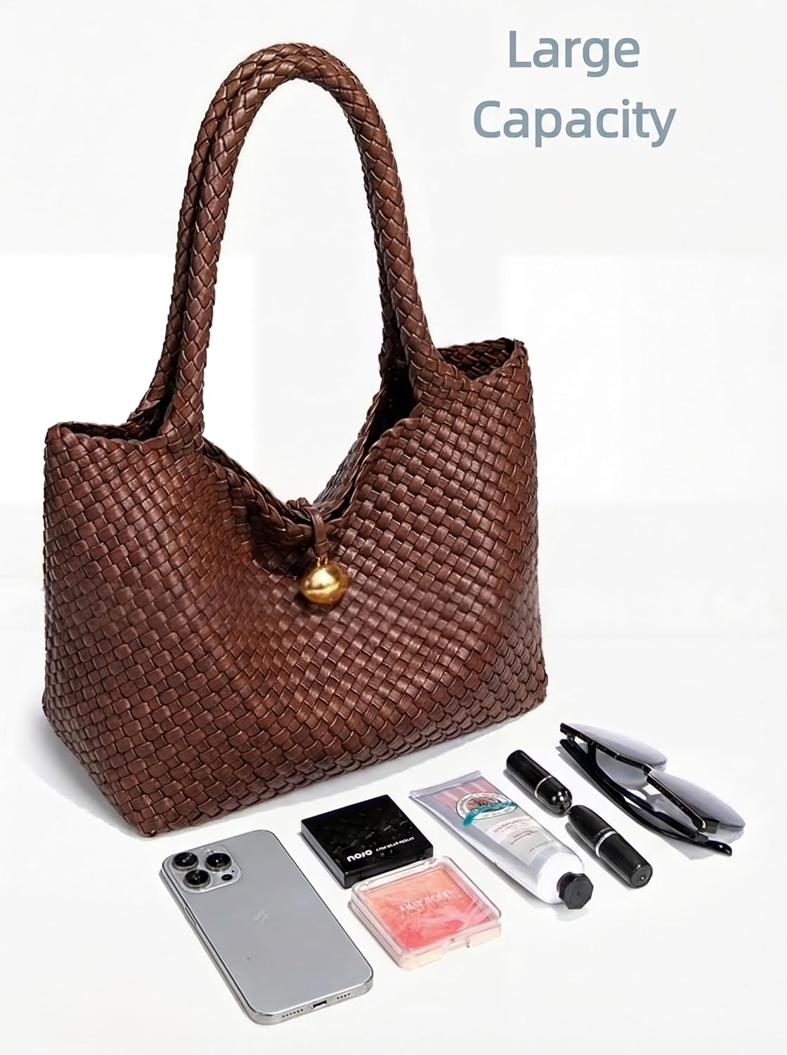 Large Woven Leather Hobo Handbag with Matching Pouch, Brown Braided Tote Shoulder Bag, 2 Piece Set