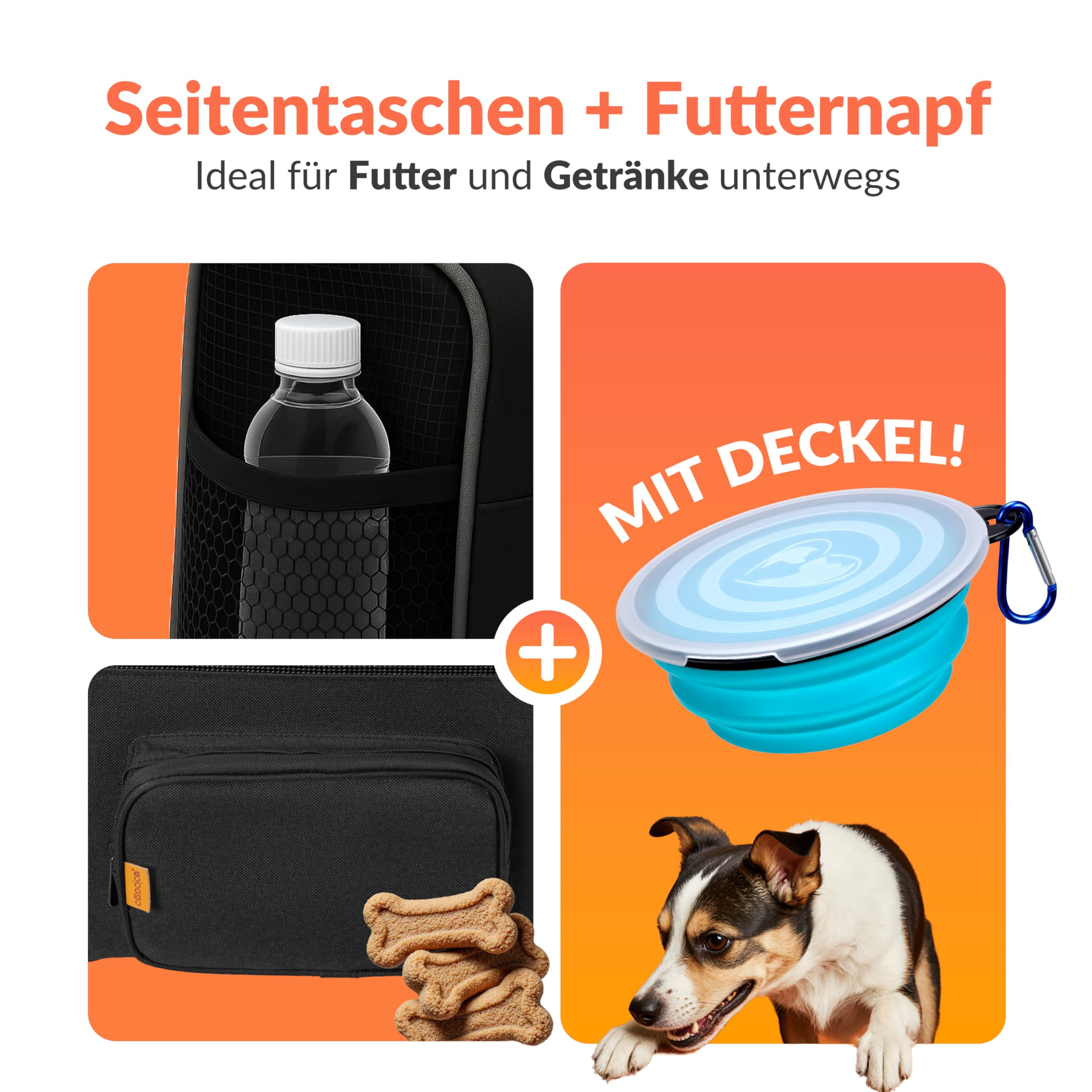 CADOCA® Transportbox Katzen bis 20kg faltbar Sonnen- und Regendach Schultergurt mit Napf Atmungsaktiv Komfortabel Wendekissen Haustier Katzenbox Tragetasche Hunde Auto Anthrazit