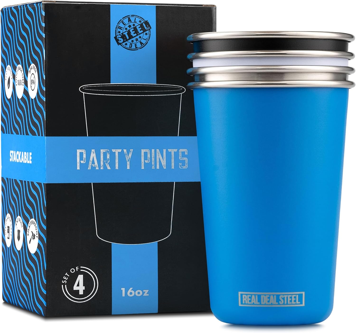 Real Deal Steel Party Pints: 16 oz Pint Cups, Stackable Tumblers, Eco Friendly Premium Metal Drinking Glasses
