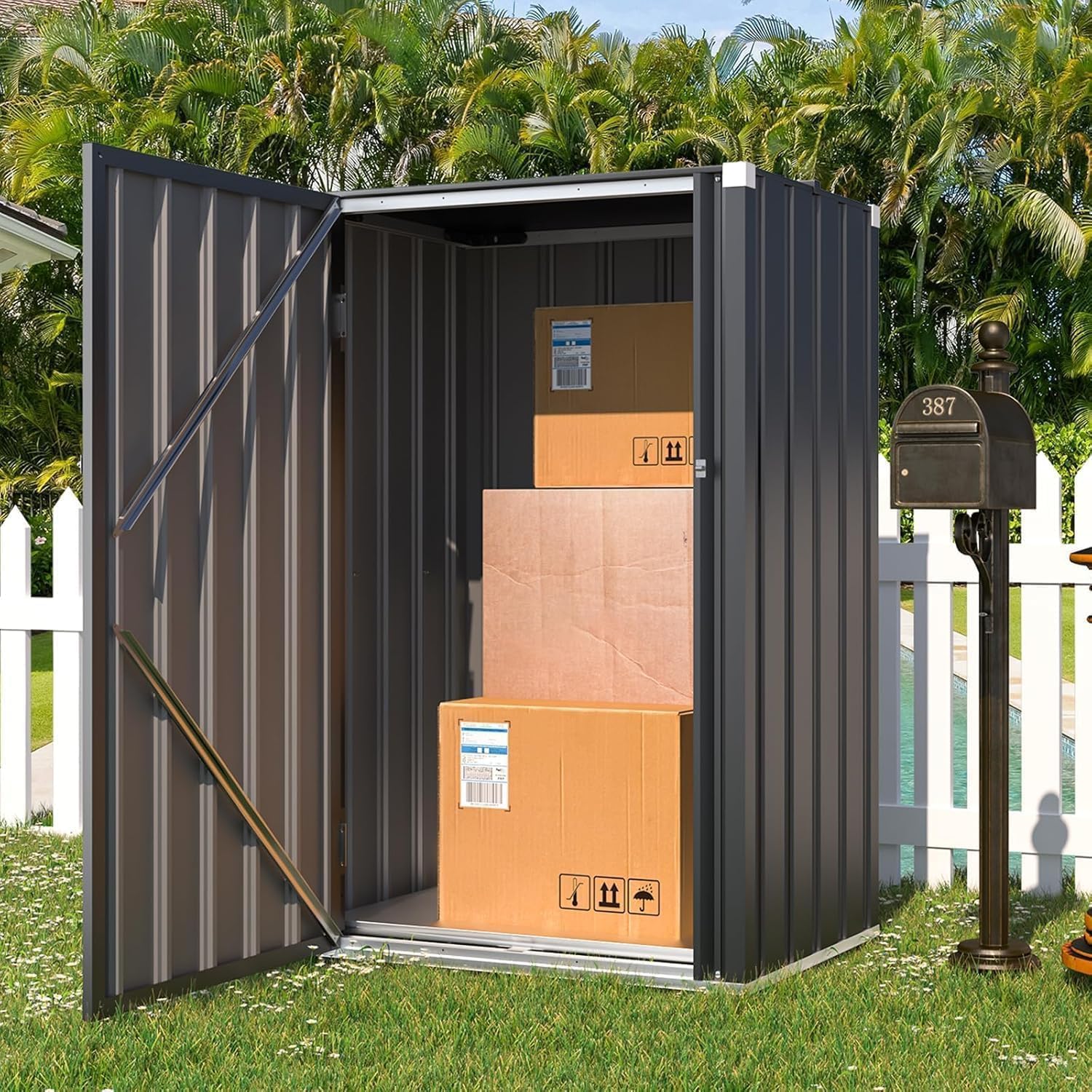 YODOLLA Gartenschrank 76x55x112cm, wetterfester Einzel-Tür Außenschrank aus Metall, Paketkasten & Lagerung mit Schloss – für Garten, Grau