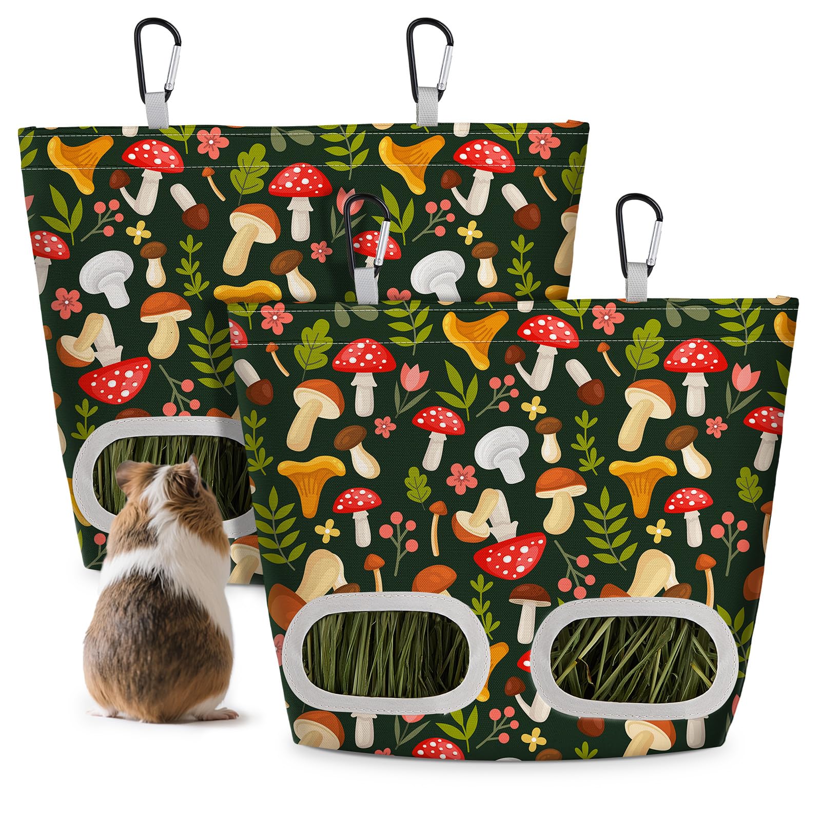 Glittme 2 Pack Guinea Pig Hay Feeder, 11.5x9 Inch Hay Bag for Rabbits, Hanging Hay Holder for Guinea Pigs Cage Hay Feeder for Bunny, Small Pets,Green Mushroom