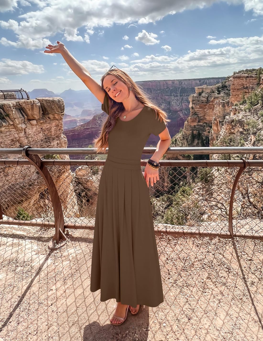 ZESICA Women's Summer Short Sleeve Maxi Dress 2026 Casual Crewneck Pleated A Line Flowy Long Dresses with Pockets - Image 5