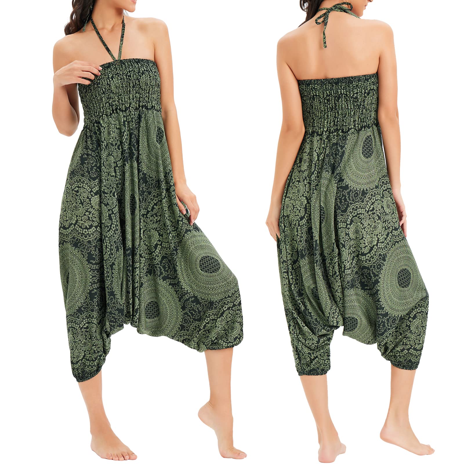 Pantalon de pêcheur Sarouel pour Femmes, Combinaison à Motifs, épaules dénudées, Barboteuse Baggy, Taille Haute, Pantalon Confortable, Plage d'été