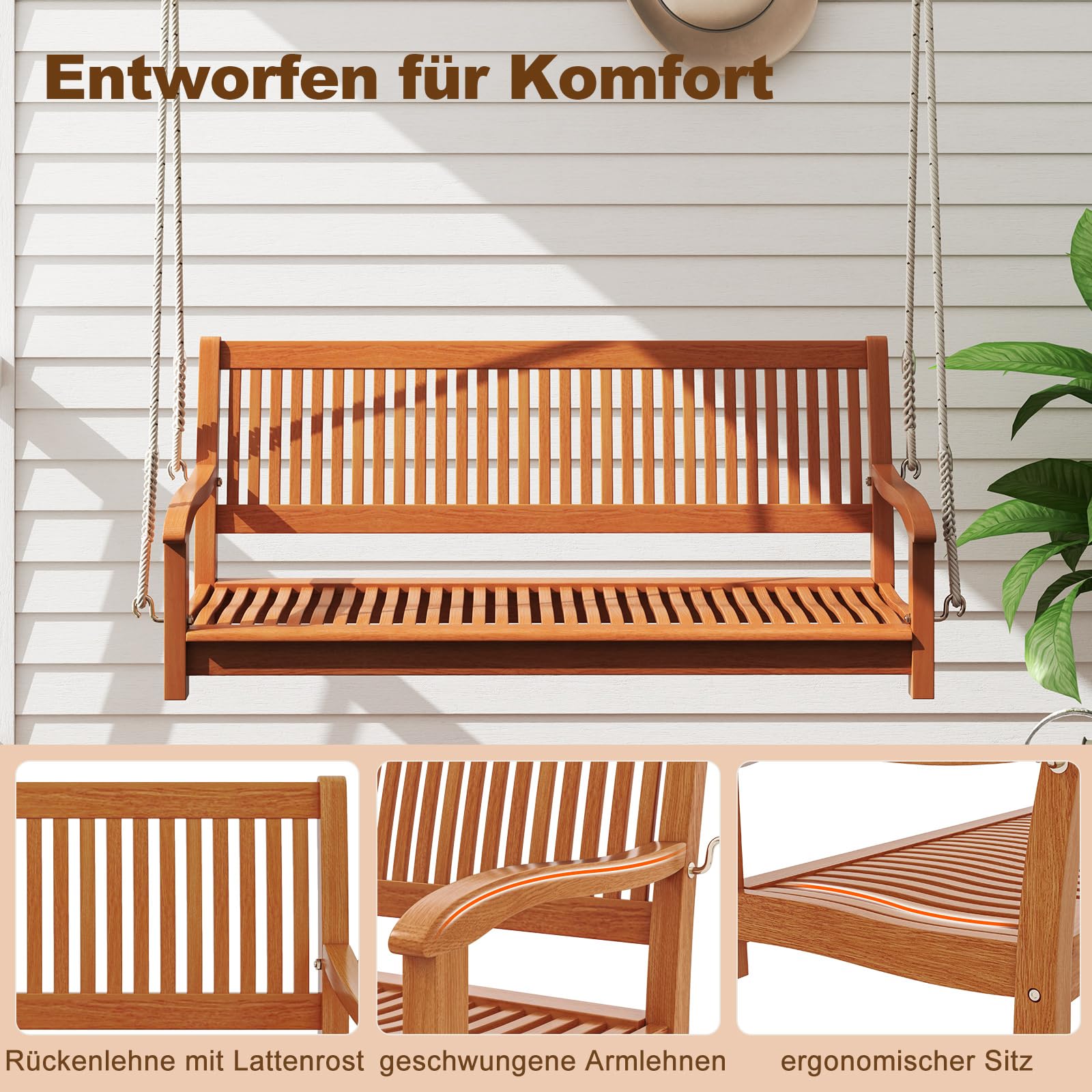 COSTWAY Schaukelbank 2-Sitzer, Veranda-Schaukel bis 360 kg belastbar, Hängebank Gartenschaukel zum Aufhängen, Hollywoodschaukel aus Akazienholz, Schaukel für Terrasse & Garten & Balkon