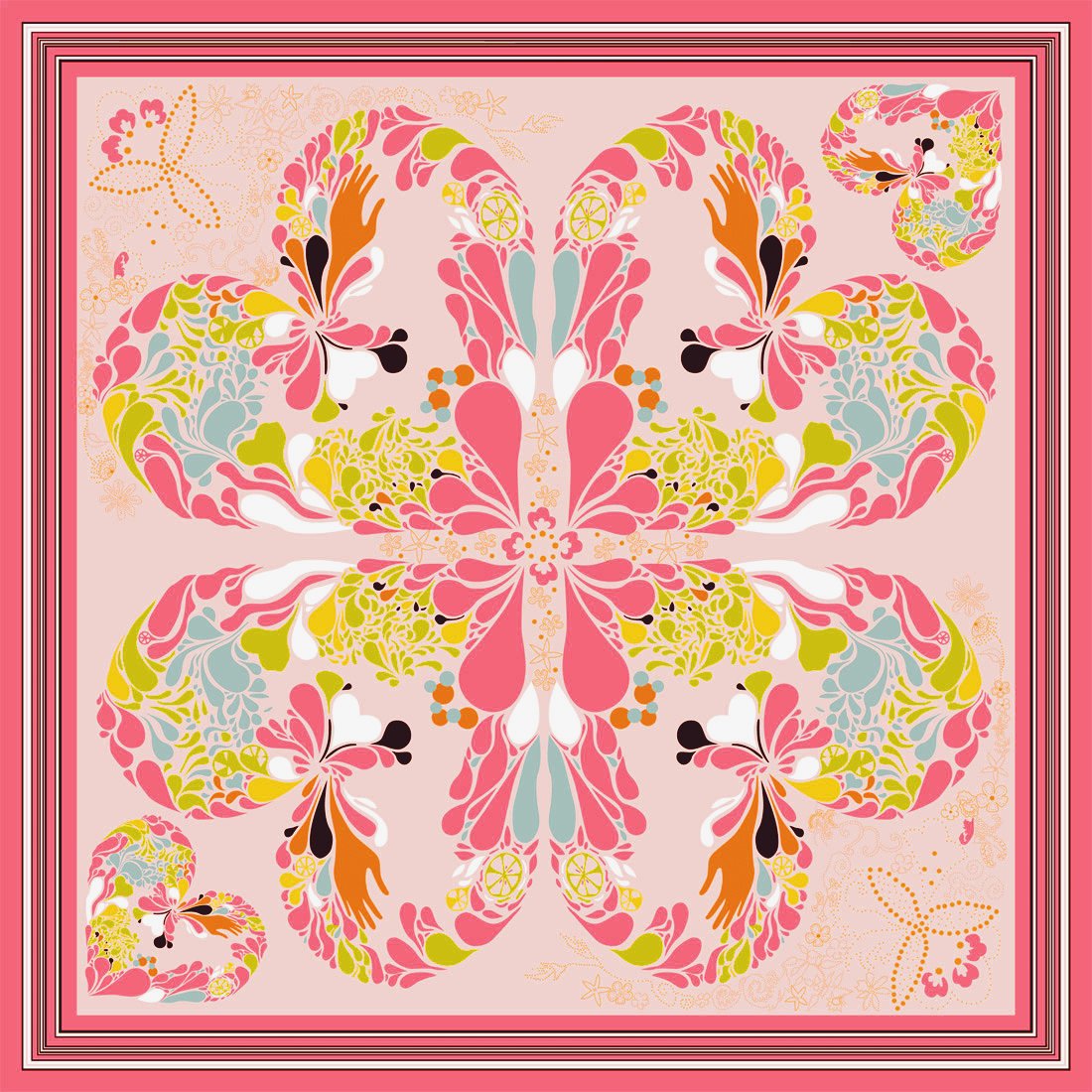 LORENZO CANA Foulard pour la femme – écharpe de 100% soie pour le printemps et l´été, carré avec les mesures de 70 x 70 cm – une sensation de luxe en rose saumon vert jaune blanc orange