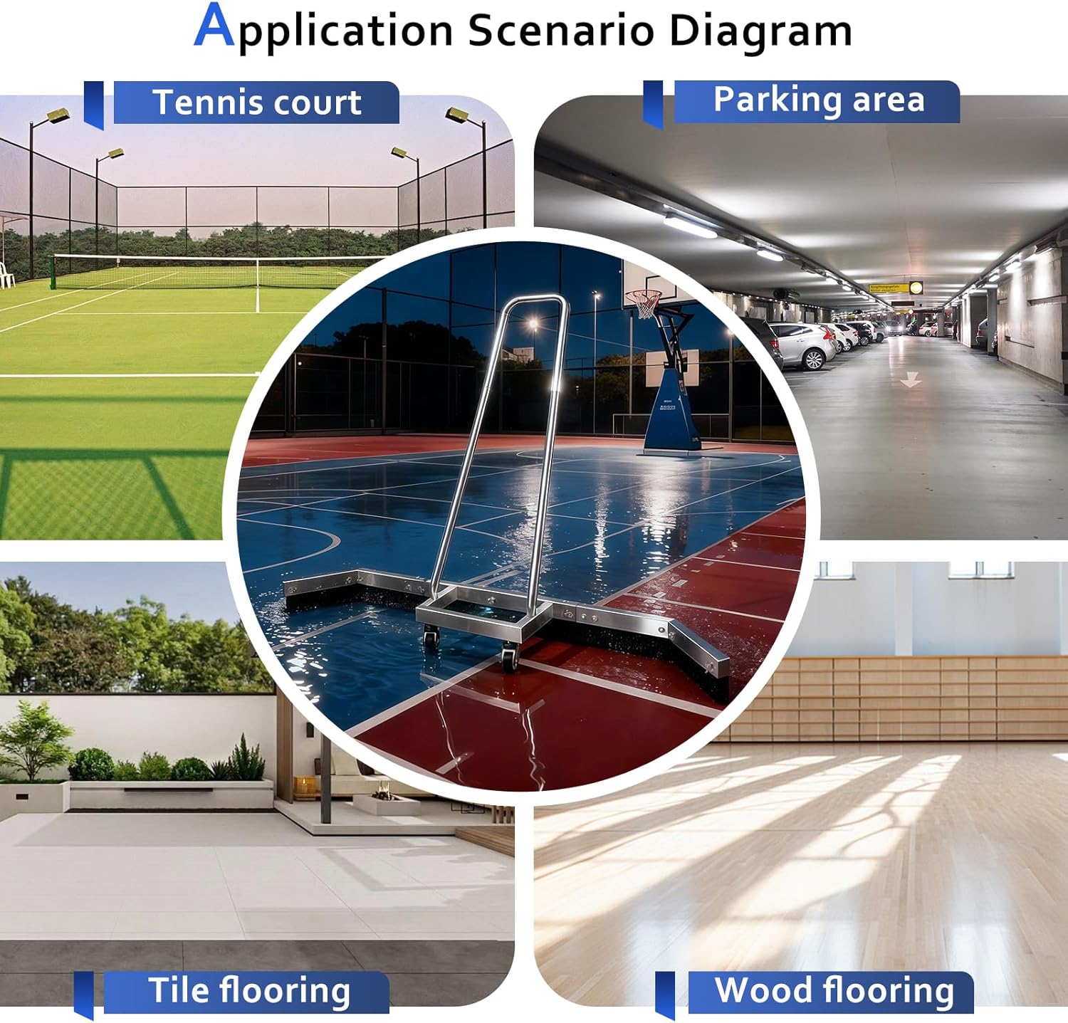 Tennis Court Squeegee Roller Squeegee Heavy Duty Concrete Floor Squeegee Tennis Court Equipment, Silver Aluminum Frame with Rolling Wheels＋2EAV ,Garage Floor Squeegee Sports Court Maintenance Tool