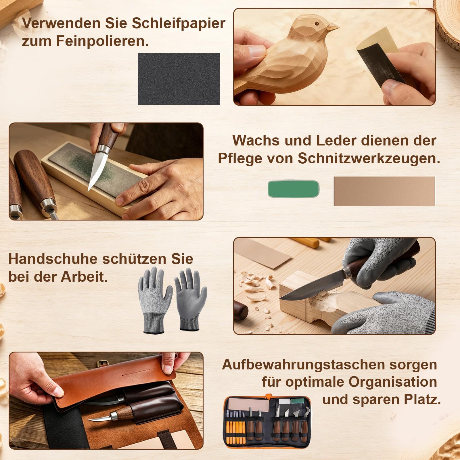 30 Stück Holz Schnitzwerkzeug Set, Feines Schnitz Set, 12 Schnitzmesser mit Schnittfeste Handschuhe, Mattiertes Papier, Schleifsteine, für Anfänger, Profis, DIY Bastelbegeisterte