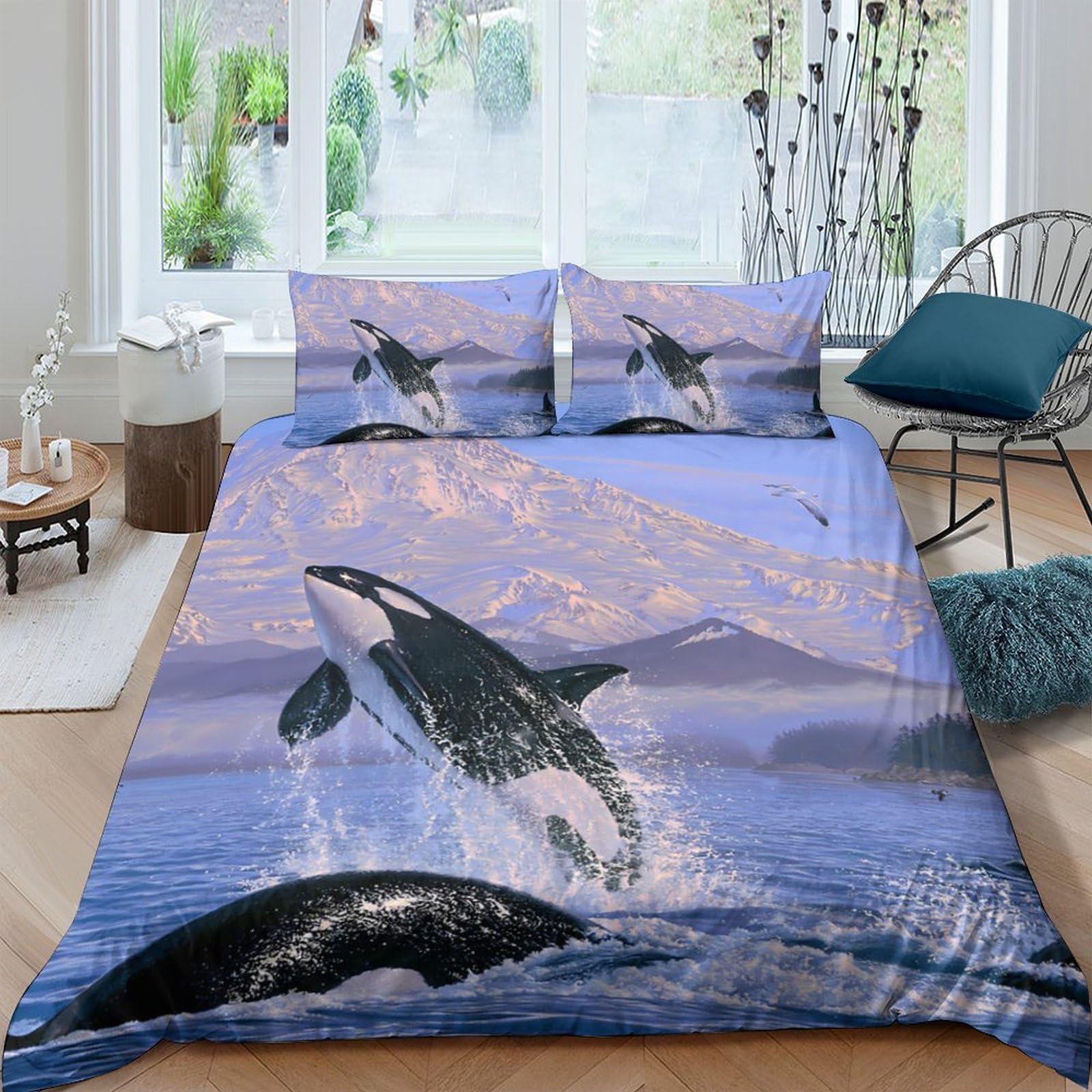 Ctjqhvkz Style-5 3D Printed Ocean Orca Fitted Sheet Microfiber Soft Blue Whale Mattress Cover For Bedroom Guest Room Decor Single（135X200cm）