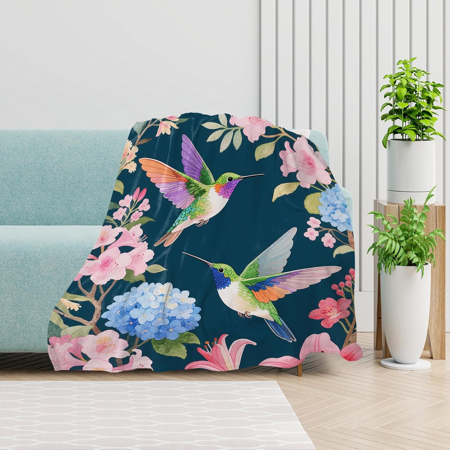 Hummingbird Gifts for Women Girls, Hummingbird Floral Blanket Decor for Home, Colorful Flowers Print Throws, Flannel Soft Blanket for Bed Couch 50"x60" - Image 5