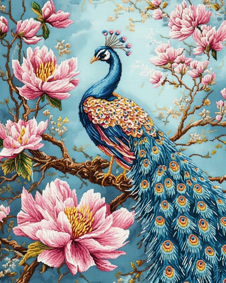 WallustrioaW Embroidery Cross Stitch Kits for Beginners,Peacocks and Flowers,Stamped Embroidery 11CT Needlework Kit DIY Artwork for Adults Girls Wall Decor,16x20in