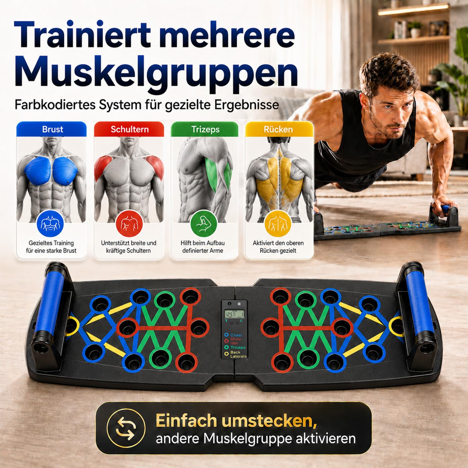 30-in-1 Liegestützbrett Set mit Zähler, klappbares Push Up Board mit Anti-Rutsch Griffen, Liegestützgriffe für Home Workout, Brust, Schulter, Rücken & Trizeps
