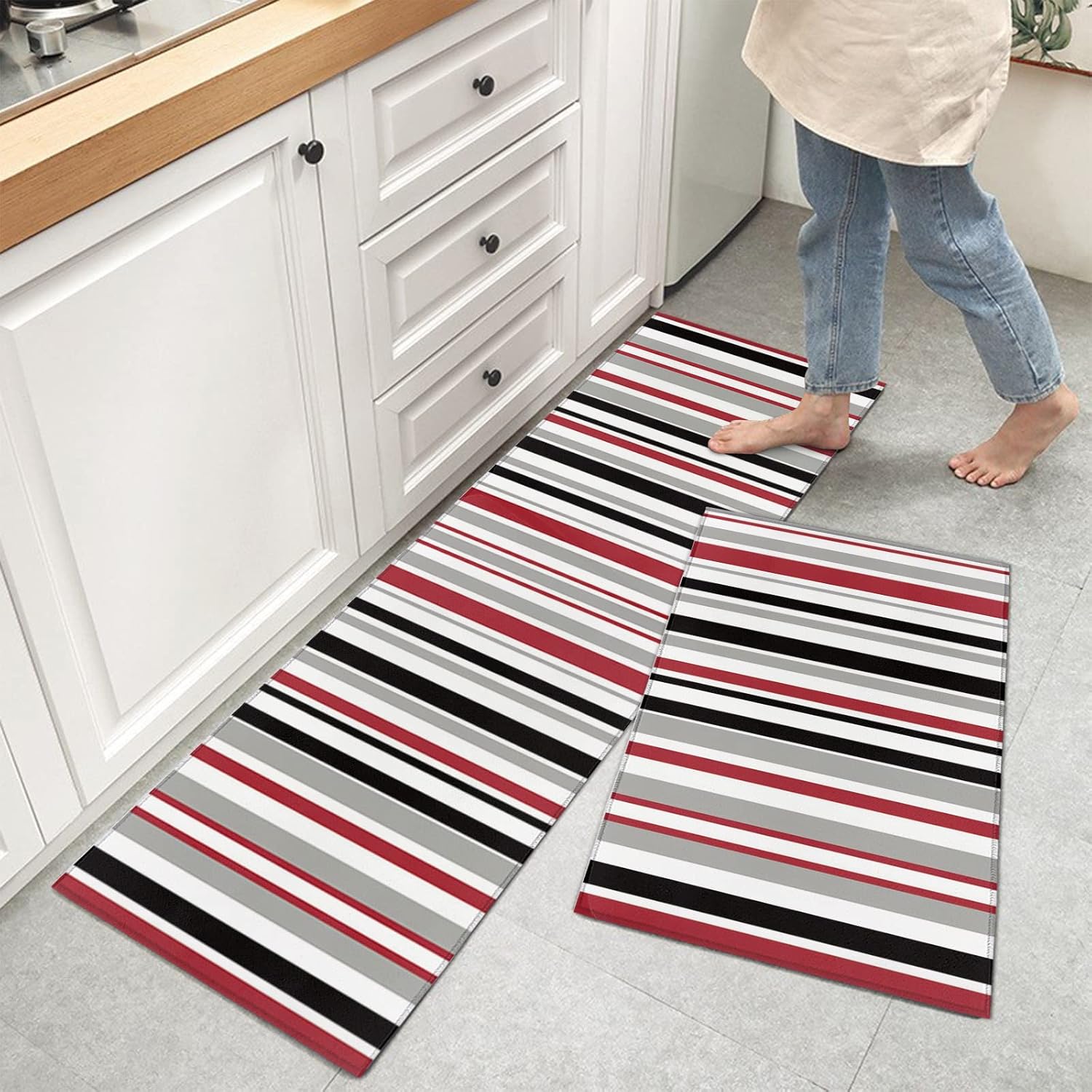 Kitchen Rugs, Red White Black and Gray Vertical Stripes