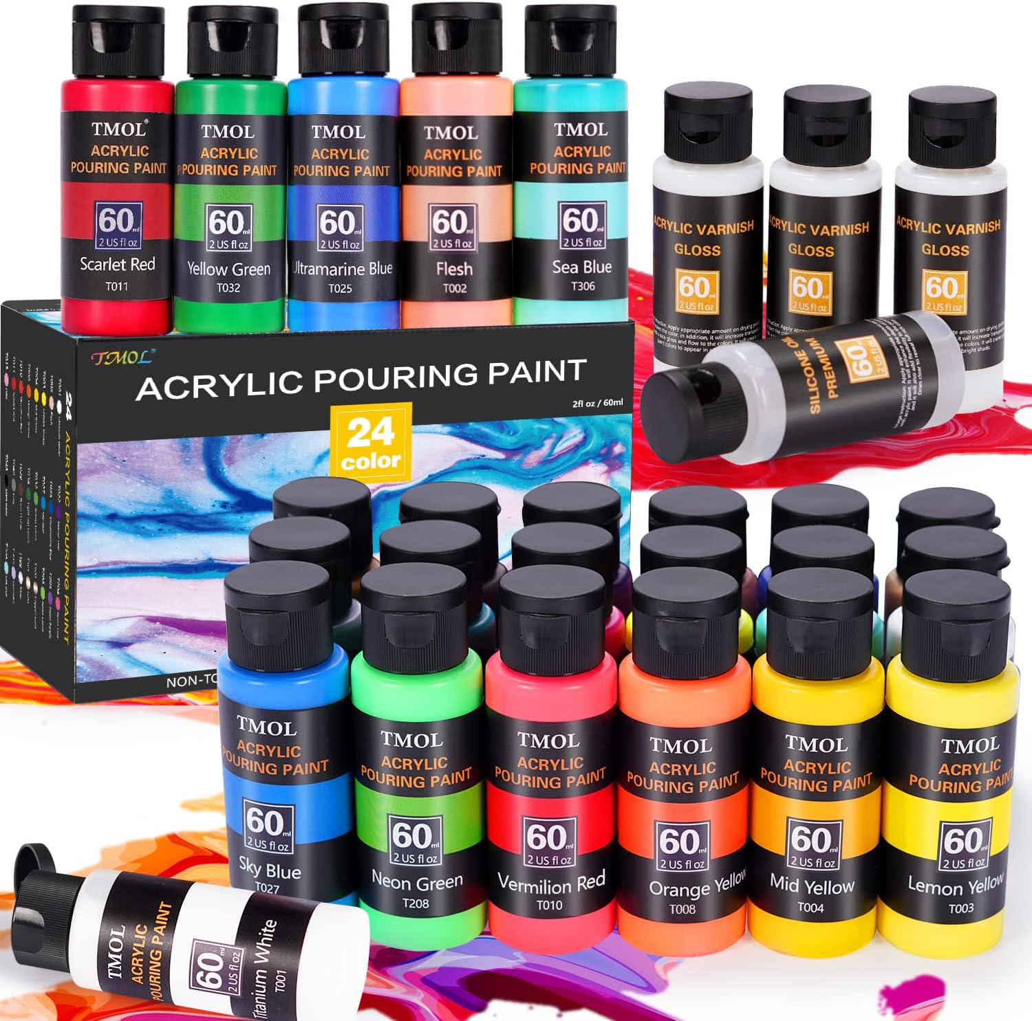 Acrylic Pouring Paint Set, 24 Colors (2 oz/Bottle) with Silicone Oil & Gloss Medium, Assorted Colors, High Flow Acrylic Paint, No Mixing Needed, Art Supplies for Pouring on Canvas, Wood and More