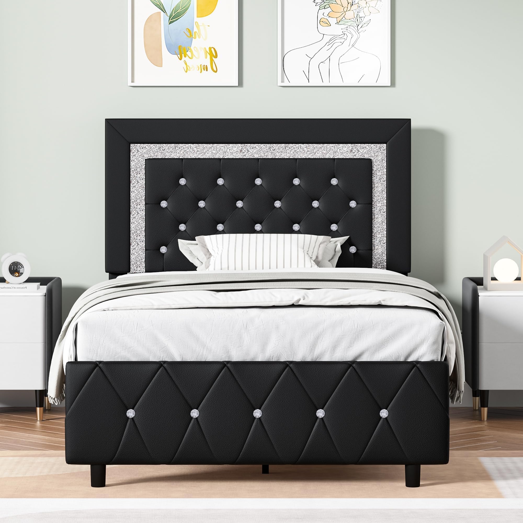 Twin Bed Frame with Headboard, Upholstered Bed with Diamond Tufted Design, Kids Bed Frame with Wooden Slats Support, No Box Spring Required, Easy Assembly, Black