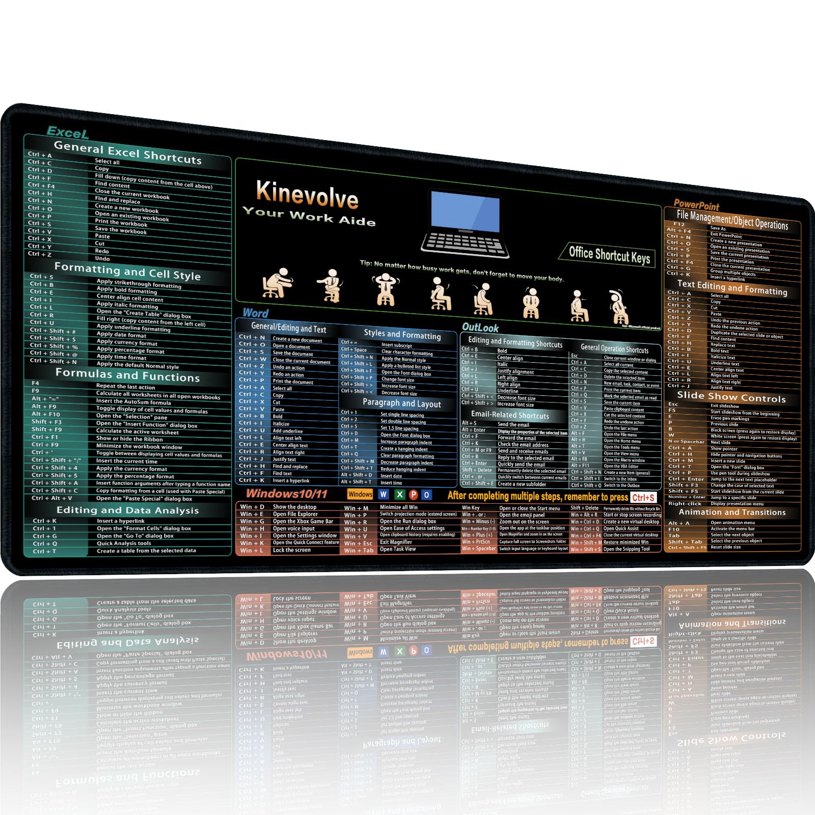Kinevolve Mouse Pad for Excel/Word/Outlook/PowerPoint Cheat Sheet, Extended Large XL Office Shortcut Keyboard Desk Pad, Non-Slip Accessories Desk Mat
