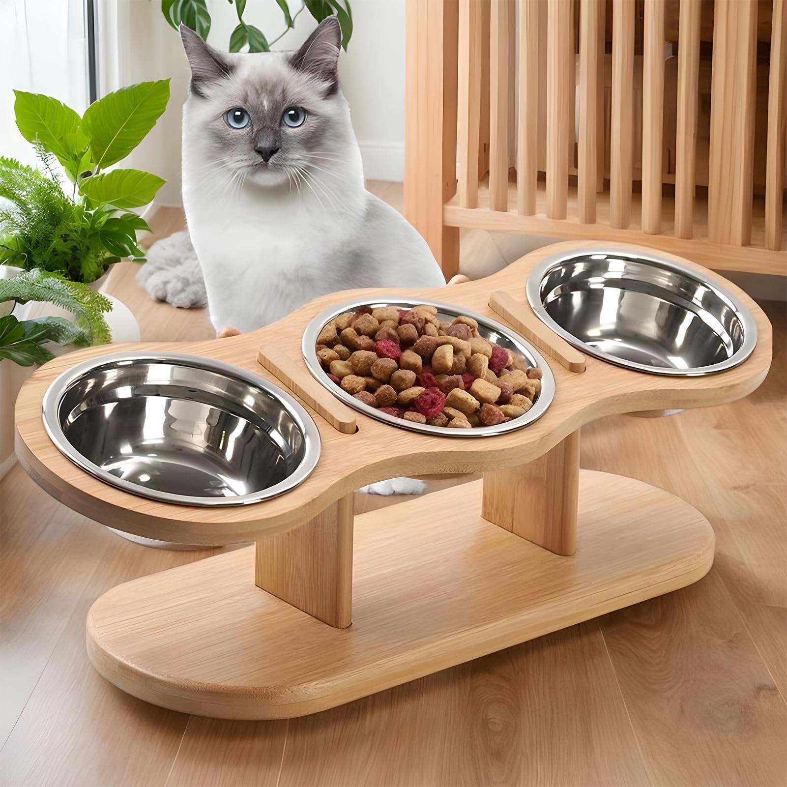 Comederos Elevados Para Gatos Con 3 Cuencos De Acero Inoxidable Soporte de | Cuencos Elevados Para Comida Montaje Fácil, Soporte De Madera