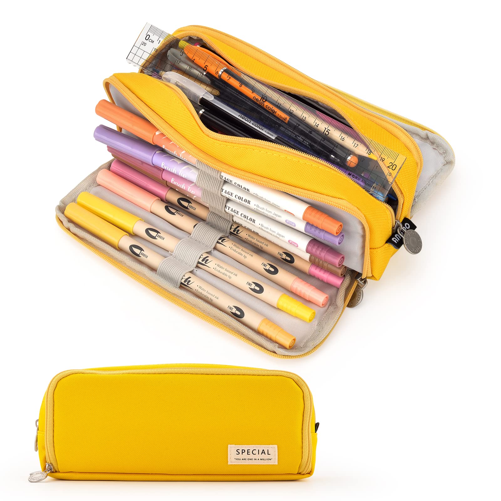 Maomaoyu Large Storage Pencil Case with 3 Compartments for Girls and Boys, Big Capacity Aesthetic Pencil Bag 3 Deckers for School Supplies, Yellow