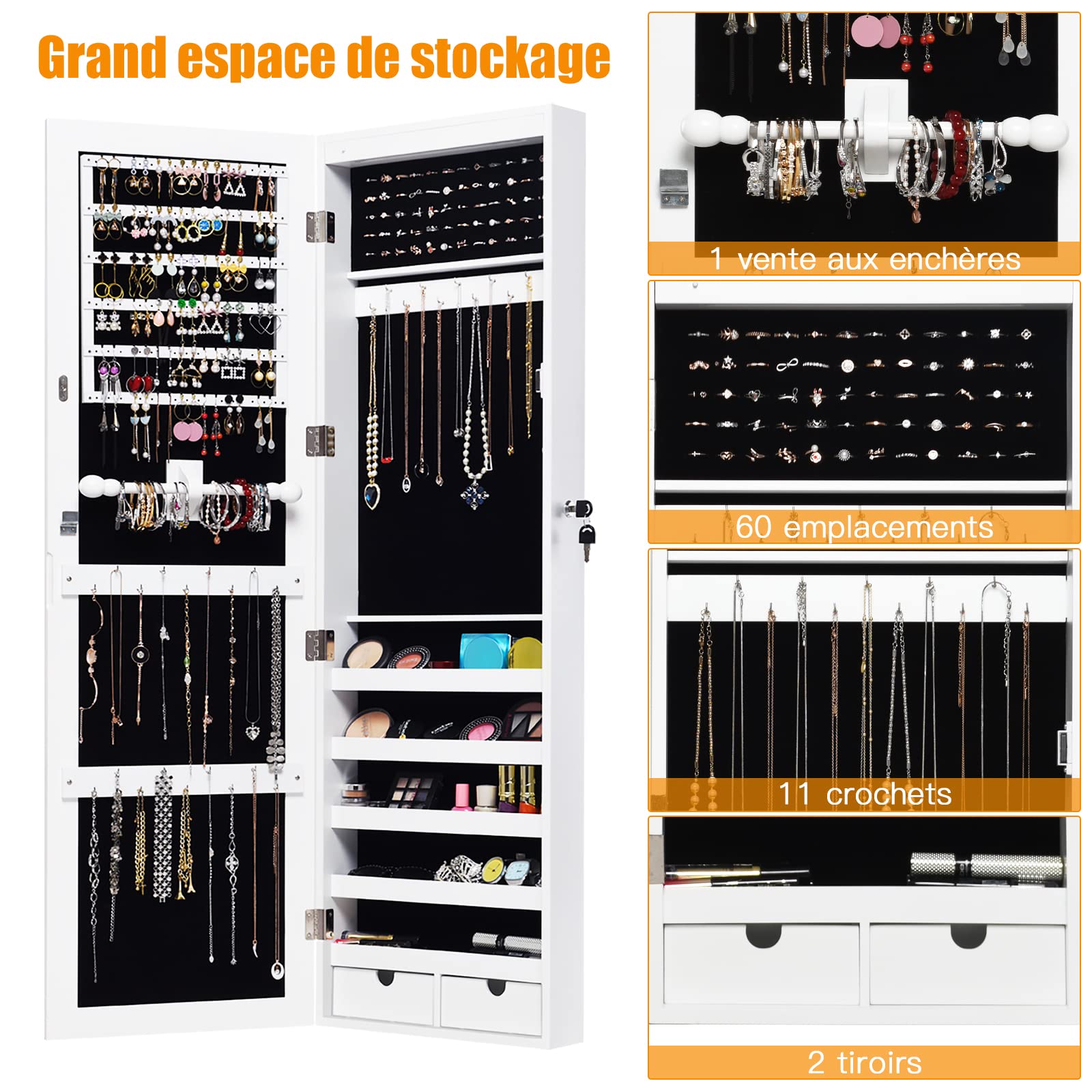 RELAX4LIFE Armoire à Bijoux Murale/Suspendue avec Miroir Psyché & Lumières LED, Organisateur de Bijoux Verrouillable à 5 Étagères, Multi-Rangement Cosmétiques pour Chambre Vestiaire Salon