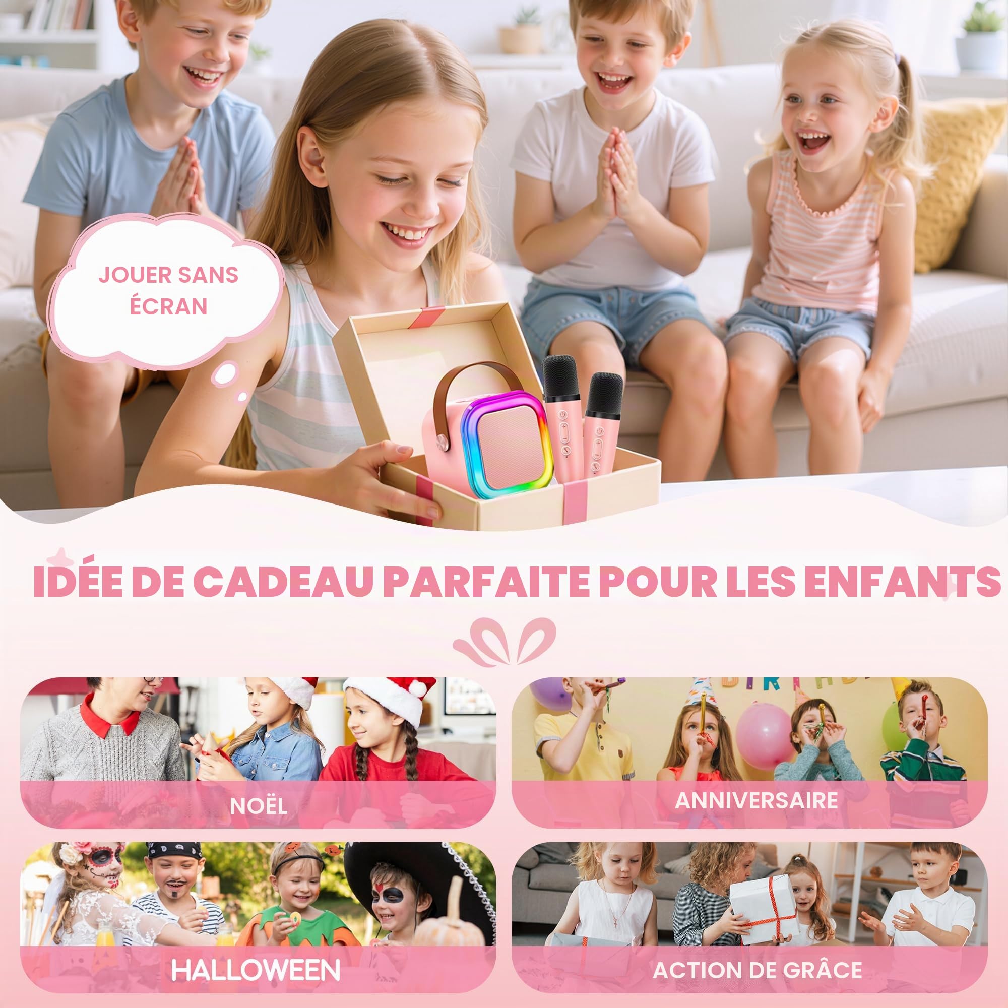 Micro Karaoke Enfant IROO Karaoke Enfant avec 2 Microphones, Microphone pour Filles Cadeaux pour Enfants Enceinte Bluetooth Portable avec Effets de Changeur de Voix et Lumières LED (Rose)