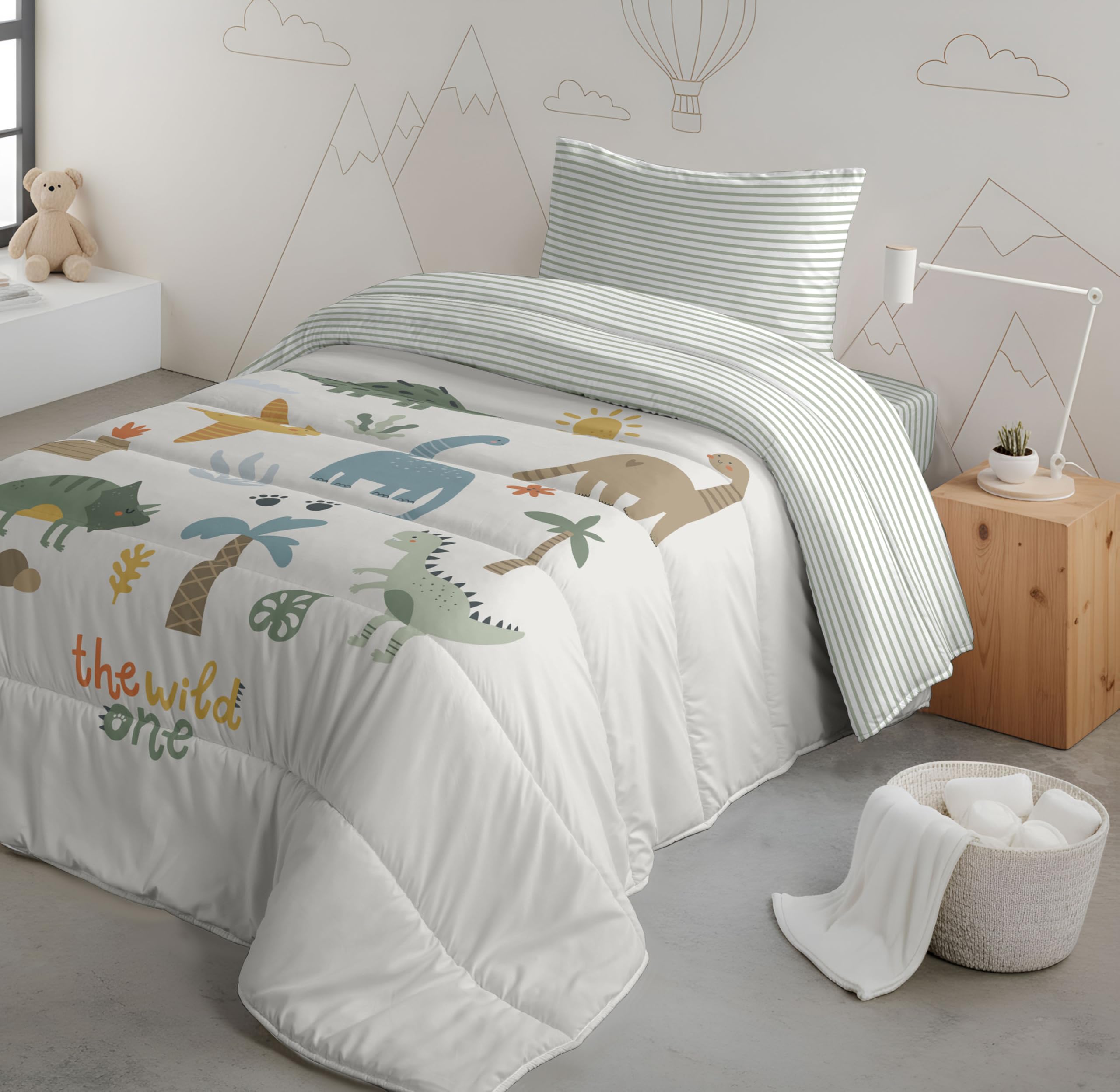 NATURALS CoolKids - Edredón Nórdico Infantil DINOLAND | 100% Algodón | Cama 90 (180x260 cm) | Relleno 200g Tacto Pluma | Oeko-Tex | Fabricado en España