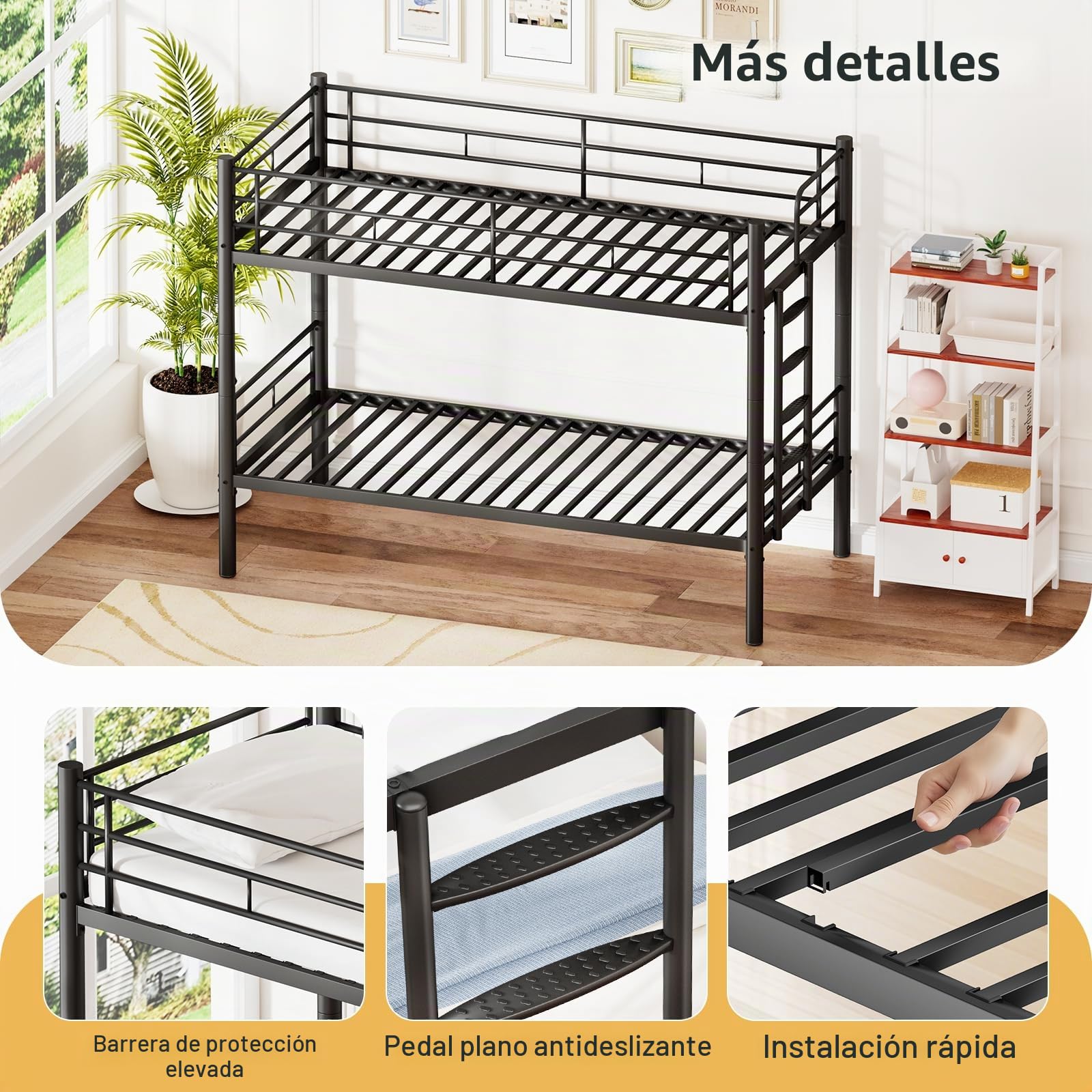 Litera de metal de 90 x 200 cm, se puede dividir en dos camas individuales, litera con escalera y protección anticaídas para adolescentes y adultos, color negro