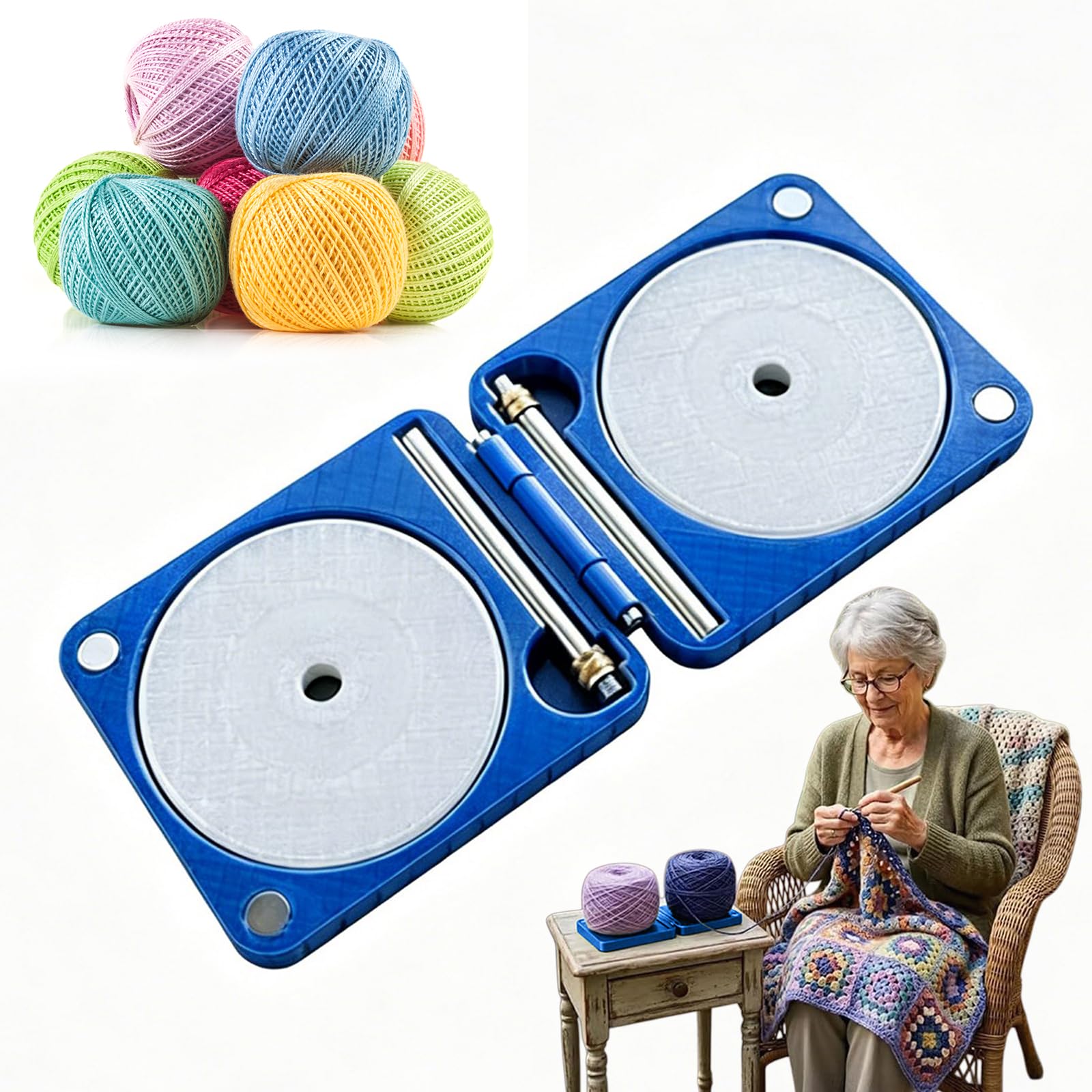 Portable Yarn Holder for Crochet & Knitting, 2026 New Rotating Double Yarn Spinner Dispenser Box, Foldable Travel Yarn Dispenser for Women Beginners Knitters Crocheters Gifts