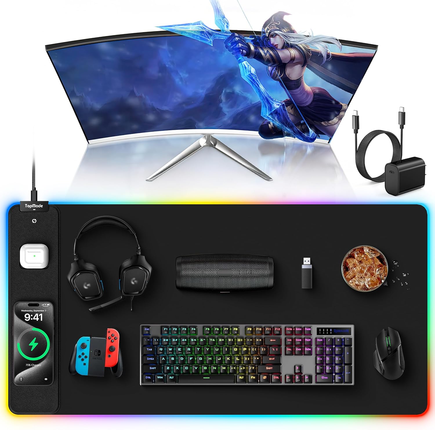 TopMade Wireless Charging RGB Mouse Pad, Waterproof Gaming Desk Mat with 4 Light Modes & 11 RGB Colors, 31.5"x15.75" XXL Large Desk Pad(Includes 20W PD Power Adapter & 6.56ft Woven Cable)