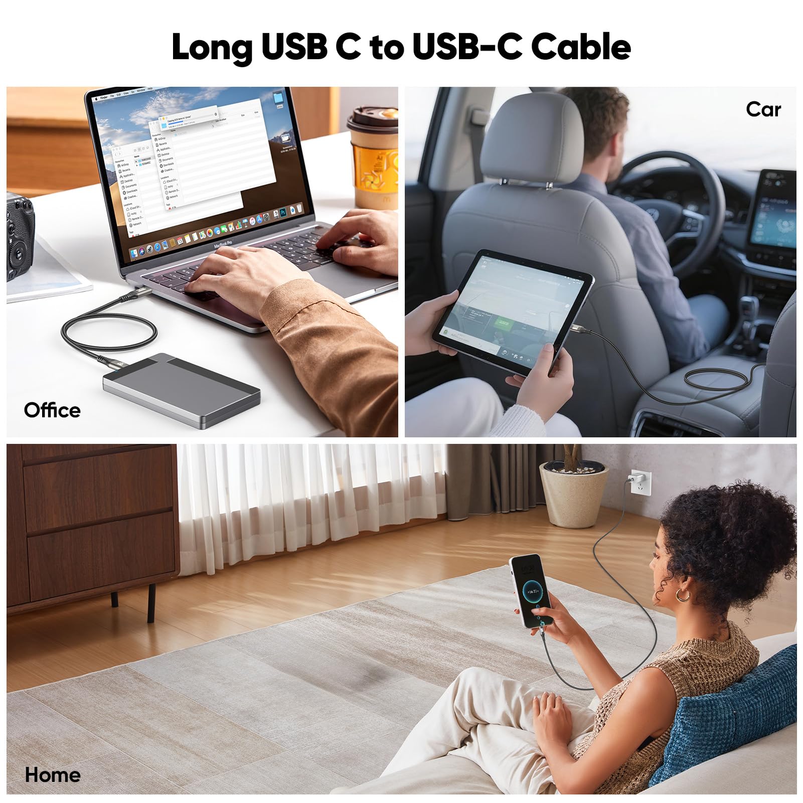 Cable USB C de 20 pies, cable USB 3.2 Gen 2 de 20 pies, cable USB C a C de carga rápida/monitor de video/datos (4K a 60Hz, 100W, 10Gbps) para USB C Hub VR, monitor portátil KYY/MNN, LG, DELL-6M