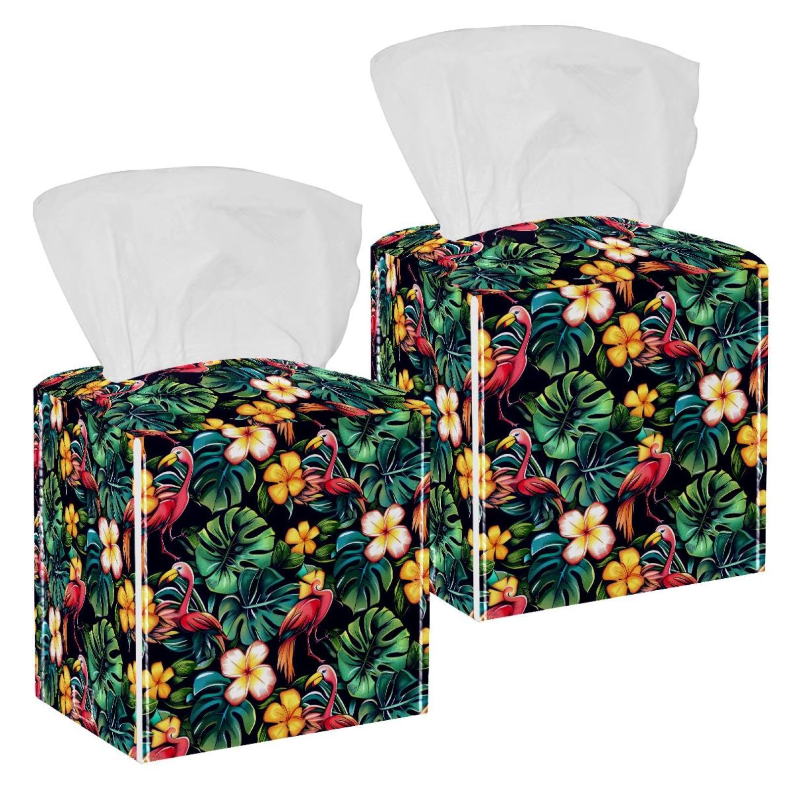 Flamingos Tissue Box Cover, 2 Pack PU Leather Square Facial Tissue Dispenser Box holder for Home Office Car