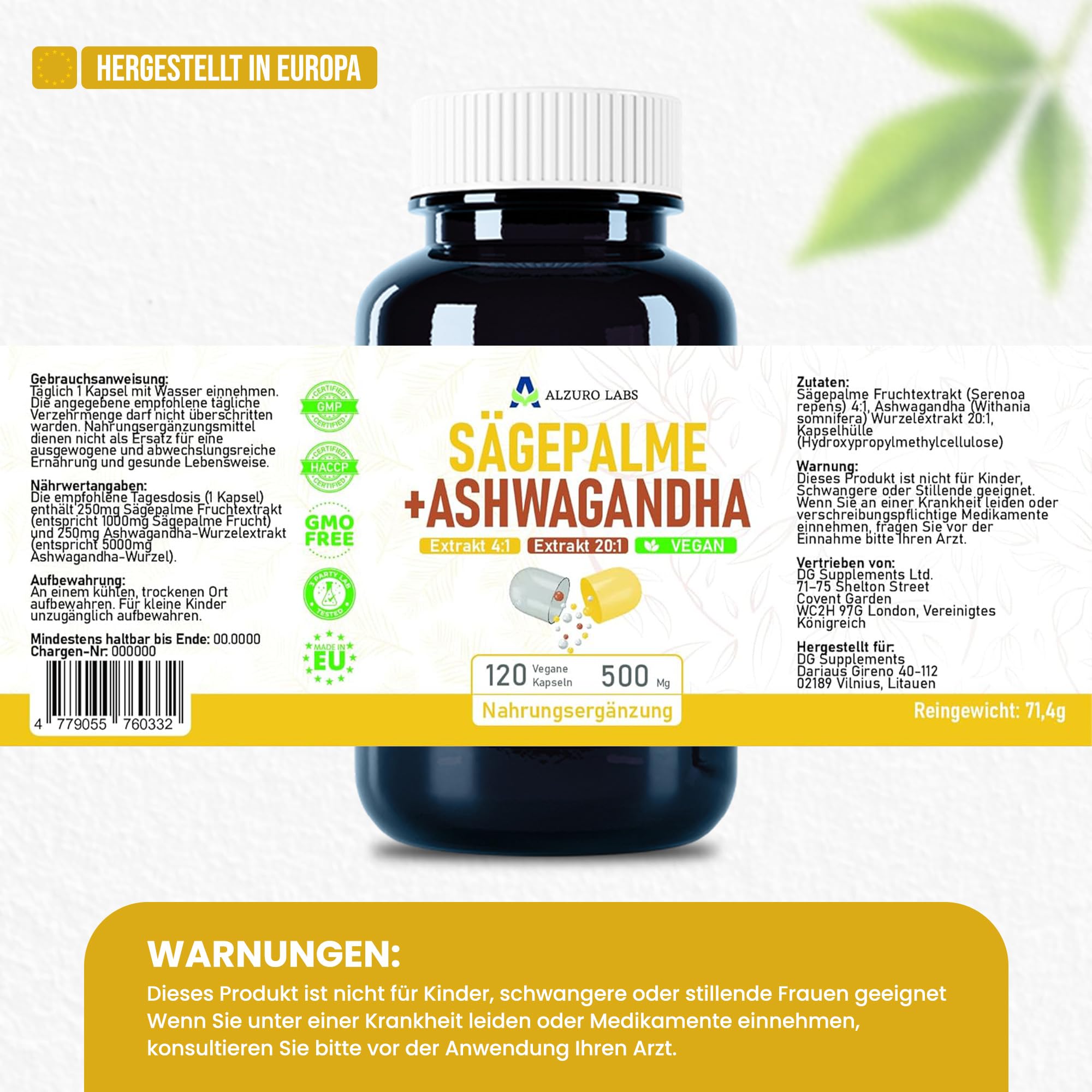 Saw Palmetto & Ashwagandha | 500 mg (estratto 4:1 & 20:1) | 120 veg capsule | 4 Mesi | Serenoa repens | GMP & Testato da Laboratorio Indipendente