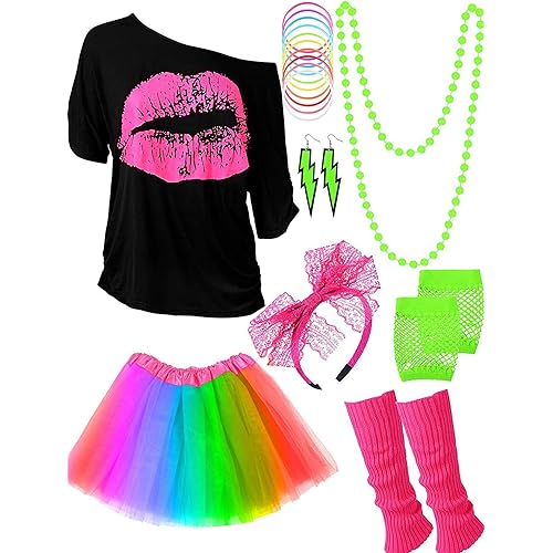 80s Costume Accessories Set T-Shirt Tutu Headband Earring Necklace Leg Warmers