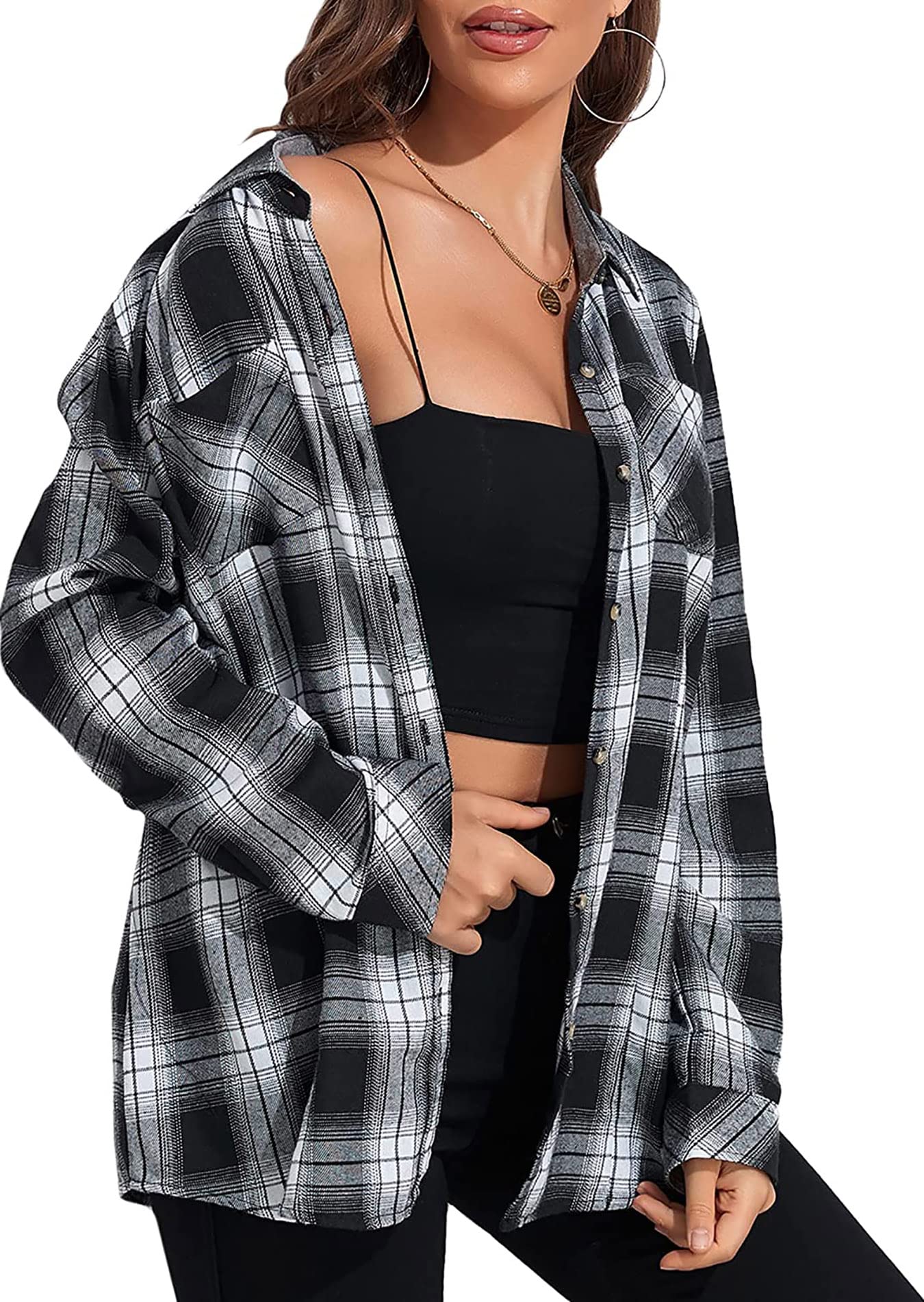 KevaMolly Plaid Flannel Shirts for Women Loose Fit Boyfriend Button Down Shirt Long Sleeve Casual Flannel Blouse Tops X-Large Black White