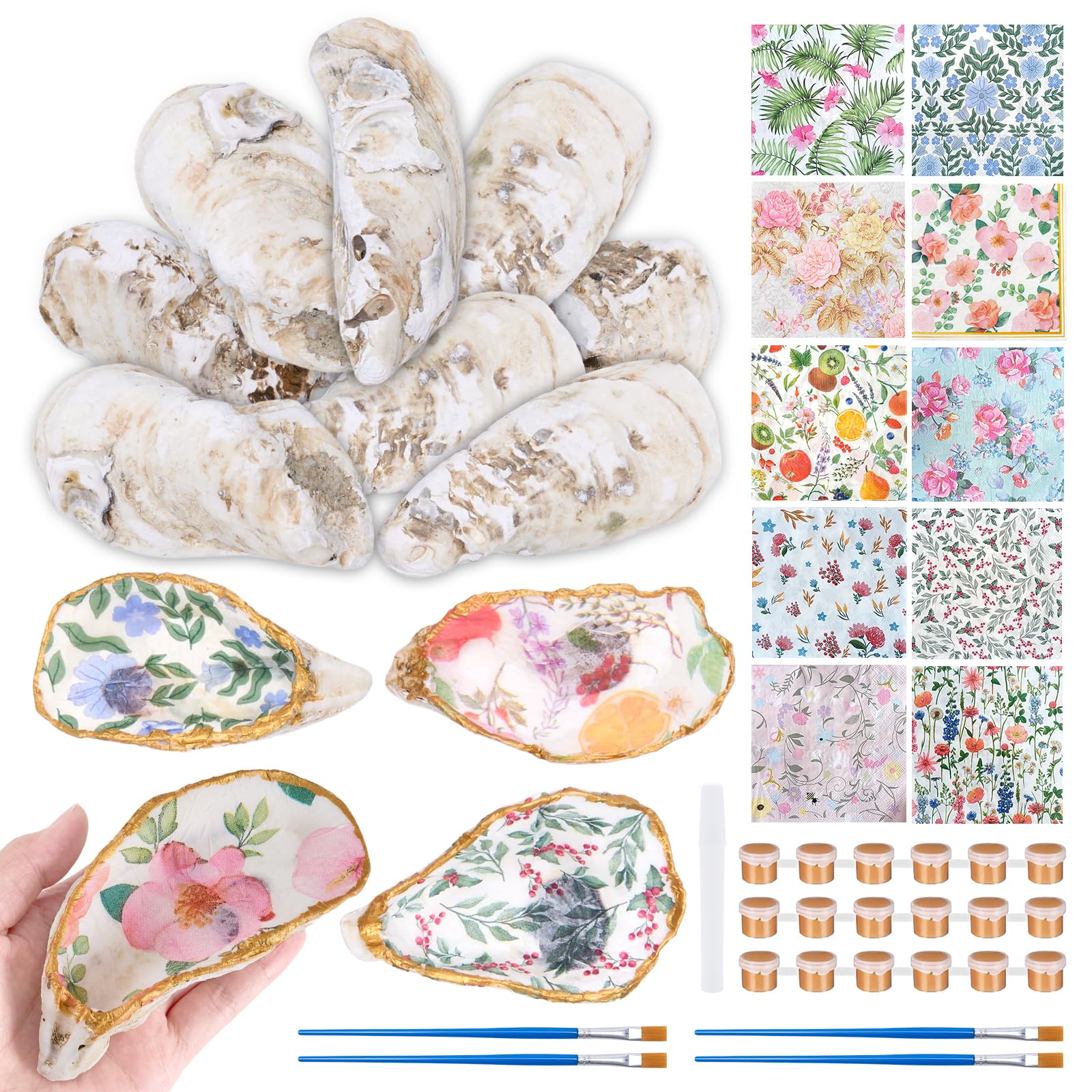 APUDWN 16 Set Oyster Shells for Crafts 4-5 Inch Natural Flat Oyster Shell Kits Drilled Includes Floral Decoupage Napkins Glue Paints Twine Brushs for DIY Arts Hanging Ornaments