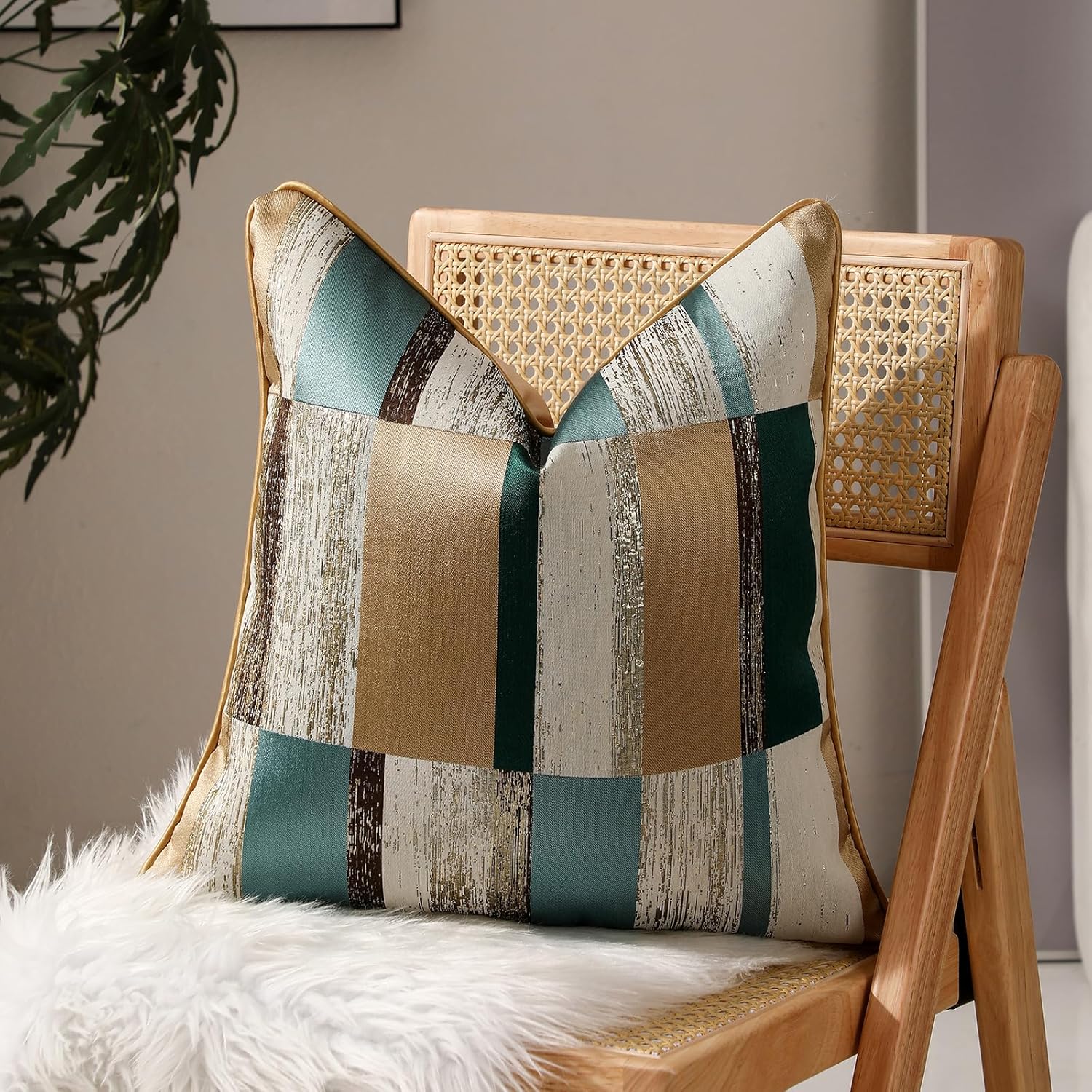 HOSTECCO Green and Gold Throw Pillow Covers 18x18 inch Set of 2 Geometric Patchwork Pillow Cases Jacquard Decorative Cushion Covers for Sofa Couch Bed