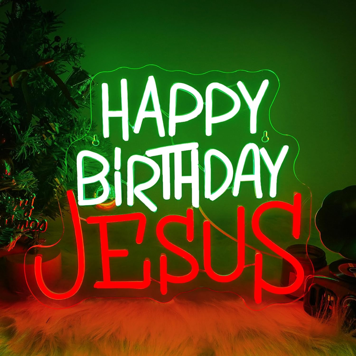 Happy Birthday Jesus Neon Sign for Wall Decor, Green & Red LED Neon Light Signs, Lighted Wall Art Decoration Neon Light, USB Powered for Ceremony Party Bar Home Birthday Bible Church Decor Gift