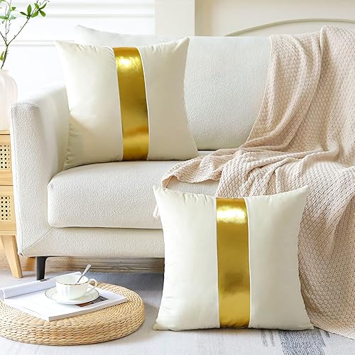 Miniatura 3 de Artscope Juego de 2 fundas de almohada de terciopelo blanco y beige con costuras de cuero dorado, fundas de cojín cuadradas modernas y minimalistas