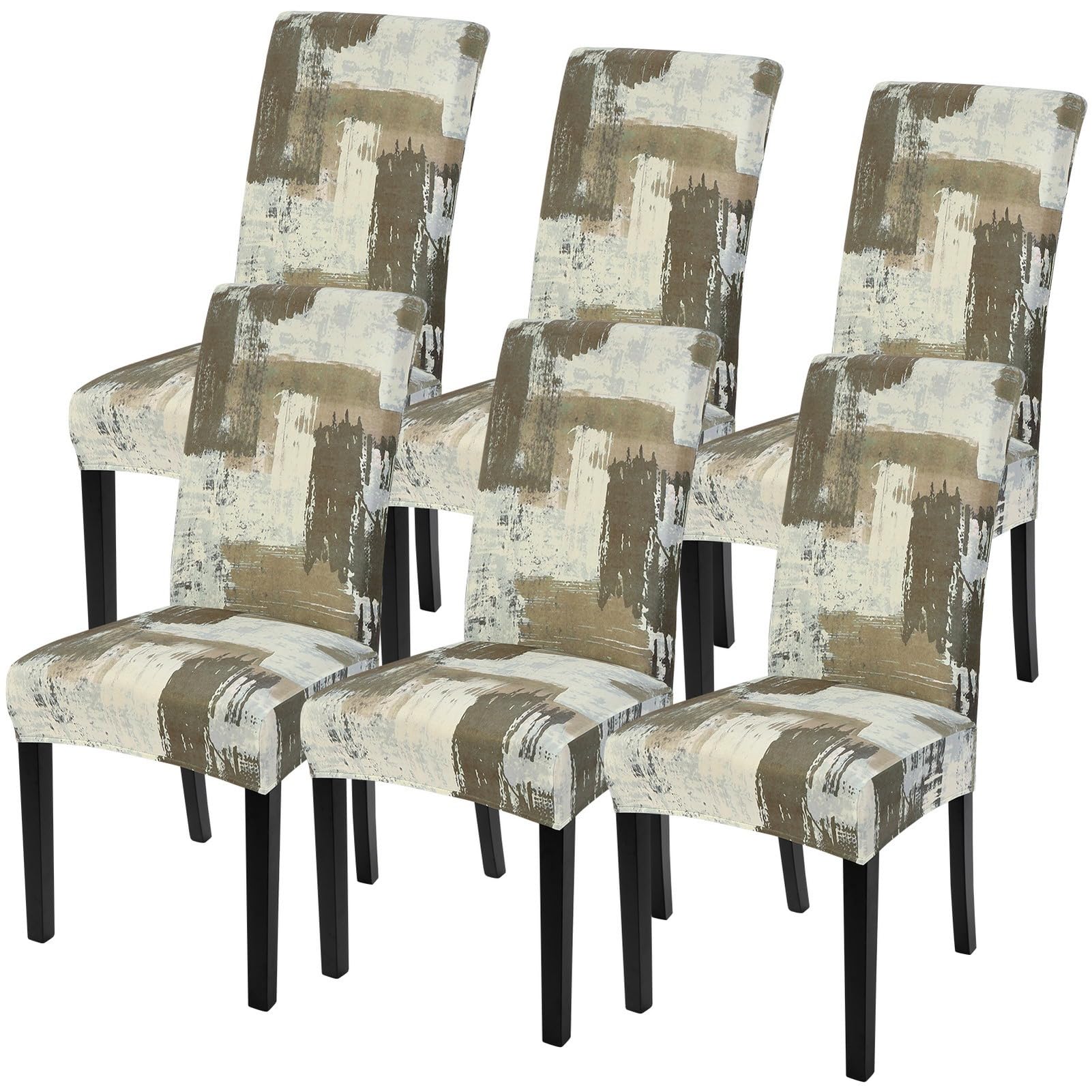 SearchI Dining Room Chair Covers Set of 6, Stretch Printed Floral Parsons Chair Slipcovers Removable Washable Kitchen Chair Protector Cover for Dining Room, Hotel, Ceremony (Brown Abstract Pattern)