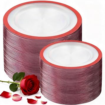 U-QE 200PCS Red Plastic Plates - Red Plastic Plates Disposable Heavy Duty - Fancy Disposable Plate Include 100 10" Dinner and 100 7" Dessert Platos for Party, Wedding & Special Moments