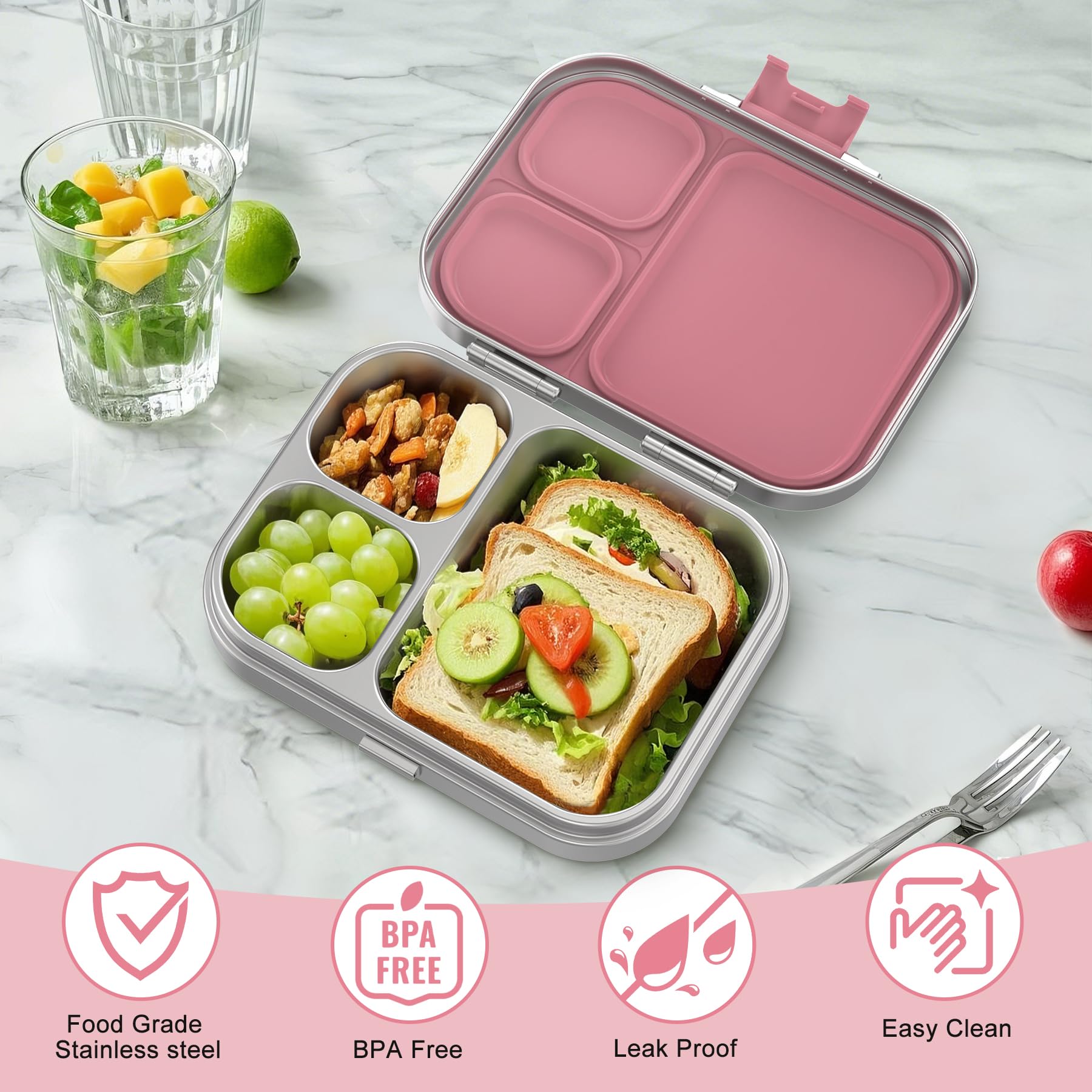 VITONIS Fiambrera de acero inoxidable para niños, fiambrera de metal Bento para niños, con 3 compartimentos y anillo de sellado, fiambrera adecuada para niños y adultos, apta para lavavajillas (rosa