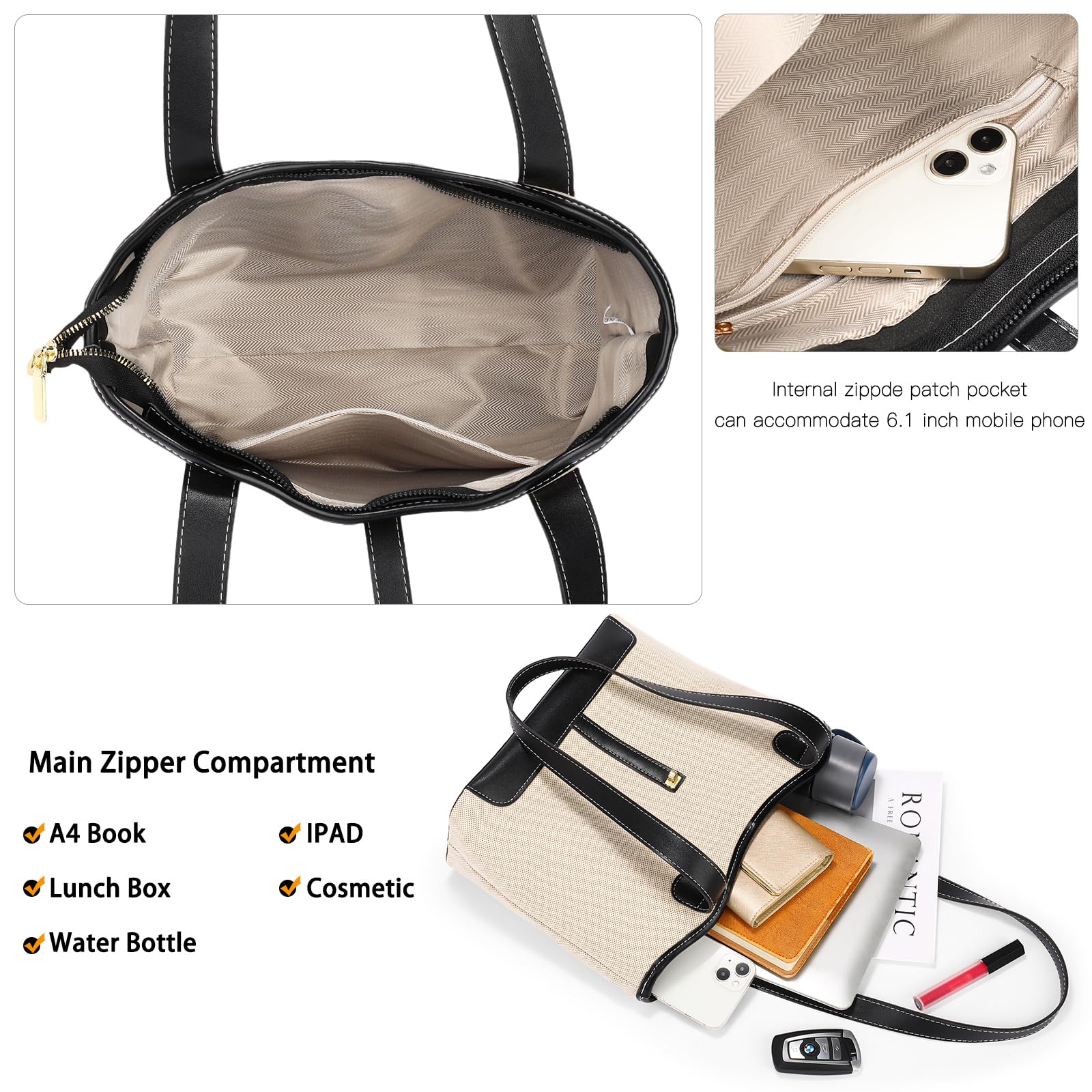 SENDEFN Sac Cabas Femme Sacs a Main Simple Grande Capacité, Sac Ordinateur Femme Portable avec Fermeture éclair et Poche Intérieure pour le Travail, l'école, le Shopping