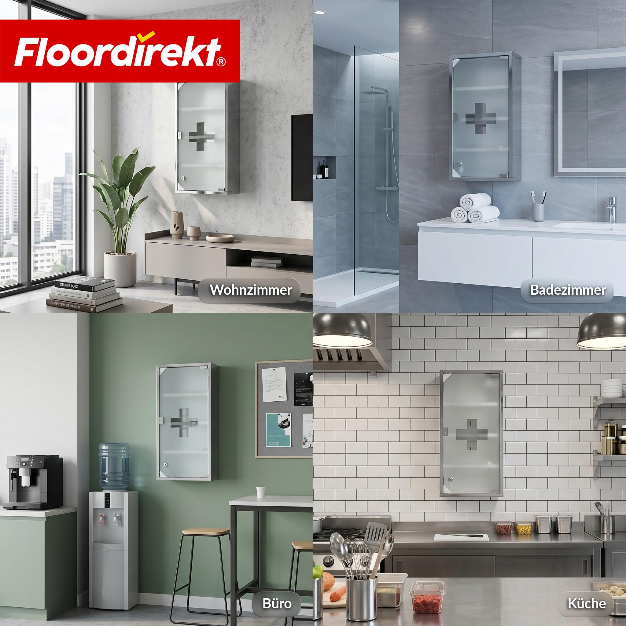Floordirekt Armoire à pharmacie argentée 60 x 30 cm – 4 compartiments – Armoire à pharmacie verrouillable avec porte en verre dépoli, acier inoxydable ou métal blanc, armoire à médicaments pour salle