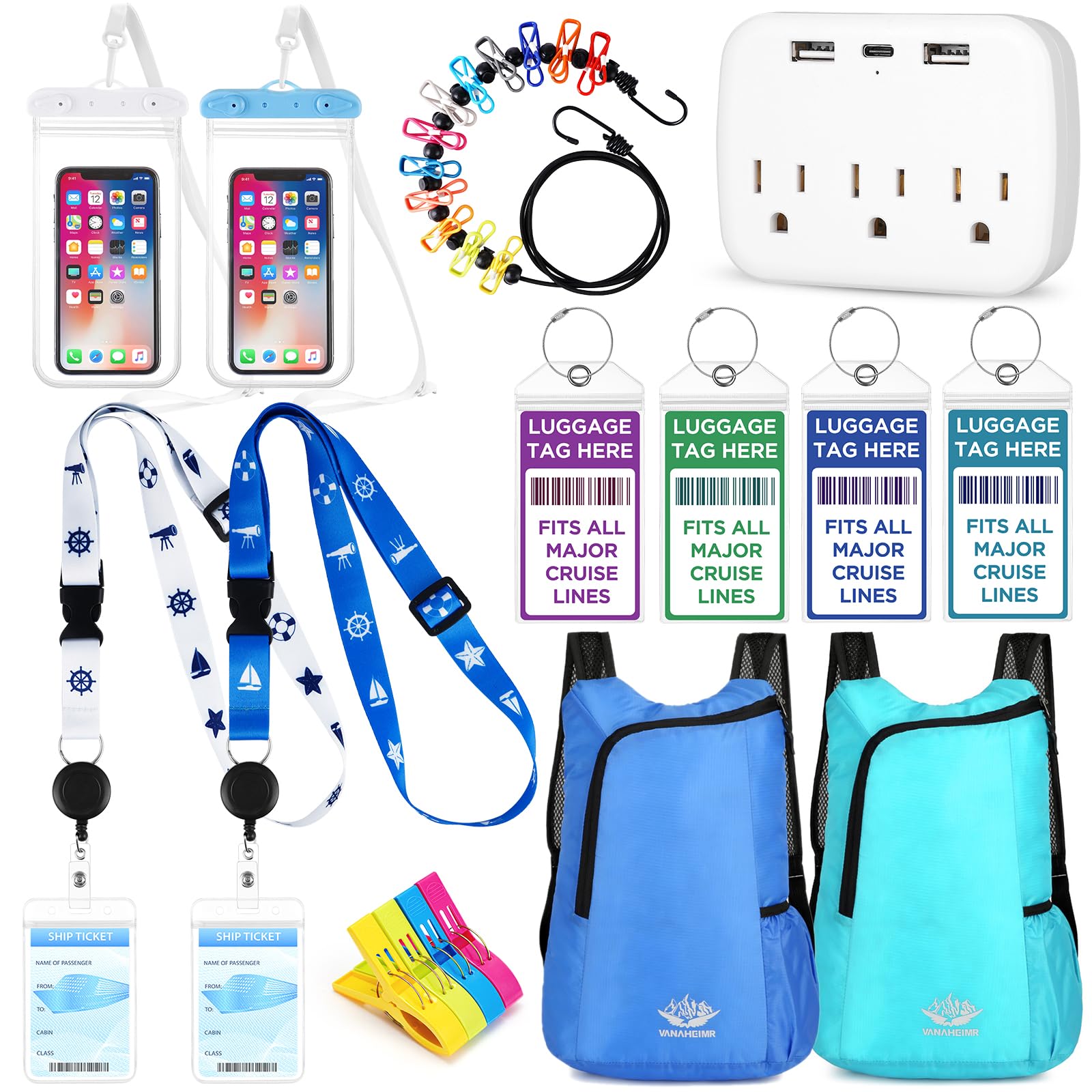 FACULX 16 PCS Cruise Must Haves 2026 Includes Cruise Luggage Tags,Cruise Lanyard,Waterproof Phone Bags,Travel Clothesline,Portable Backpack,Towel