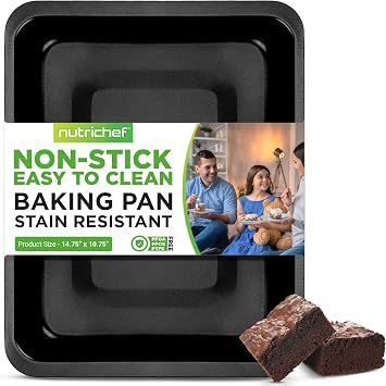 NutriChef Nonstick Baking Pan - 14" x 10" Rectangular Carbon Steel Baking Tray - Premium Bakeware for Brownies, Cakes, Lasagna, More - Dishwasher Safe, Black