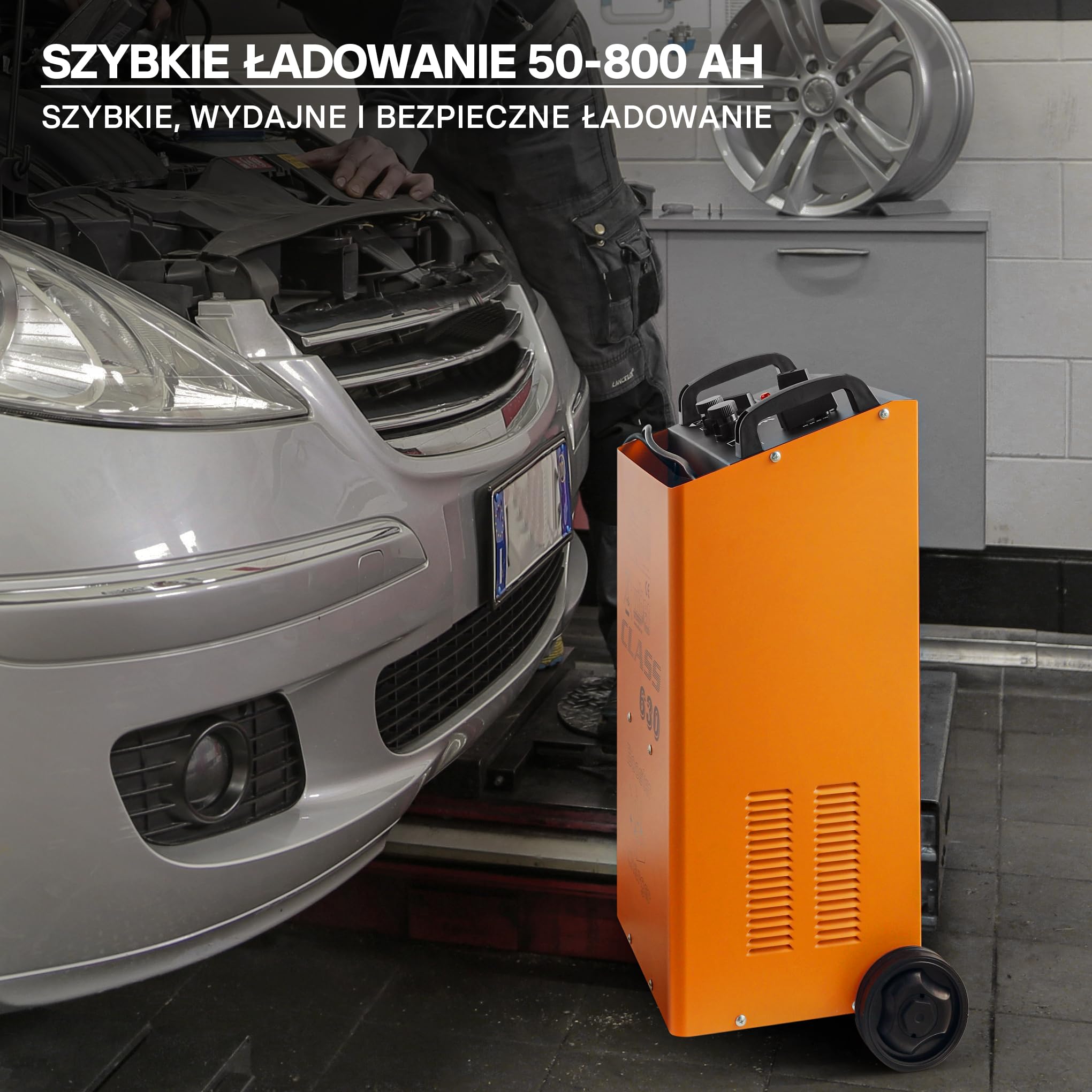 Wiltec Ładowarka do akumulatorów 12 V 24 V 90 A, ładowarka i pomoc przy rozruchu do motocykli, samochodów ciężarowych, ładowarka do akumulatorów Boost 630 z szybkim ładowaniem