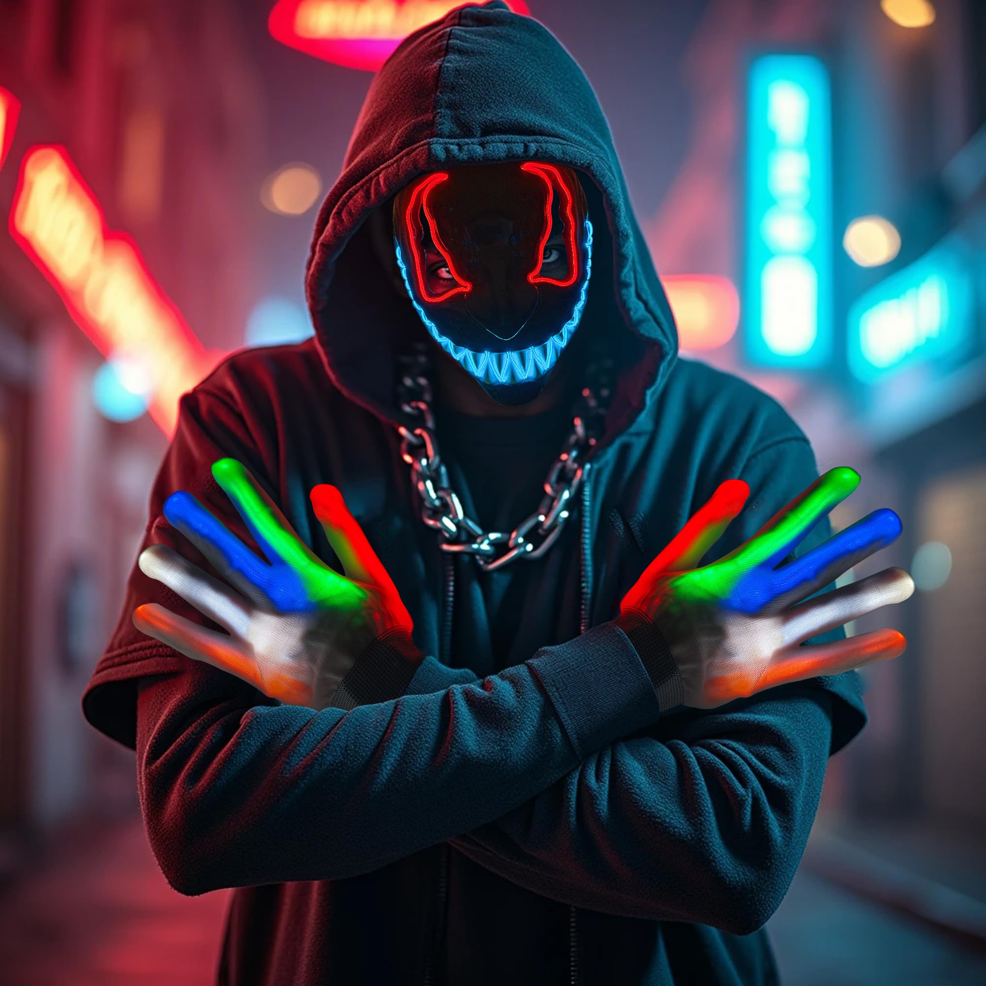 Lunluck Halloween Led Mask with Gloves, 3 Modes Purge Mask 6 Modes Led Glow Gloves, Halloween Light up Mask for Adults Men Women Cosplay Costume Party Carnival Gift