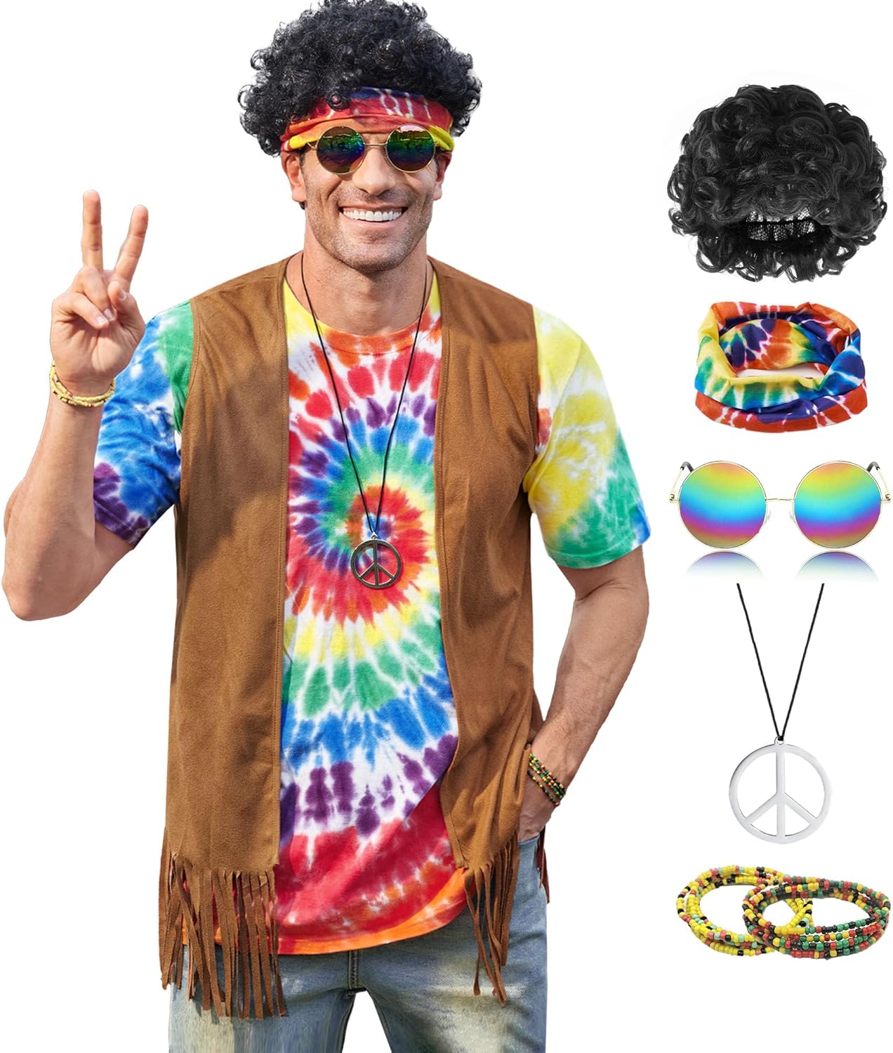 Mainfini Mens Hippie Costume Cotton 60s 70s Outfits Accessories Tie Dye Shirt (S-XXL)